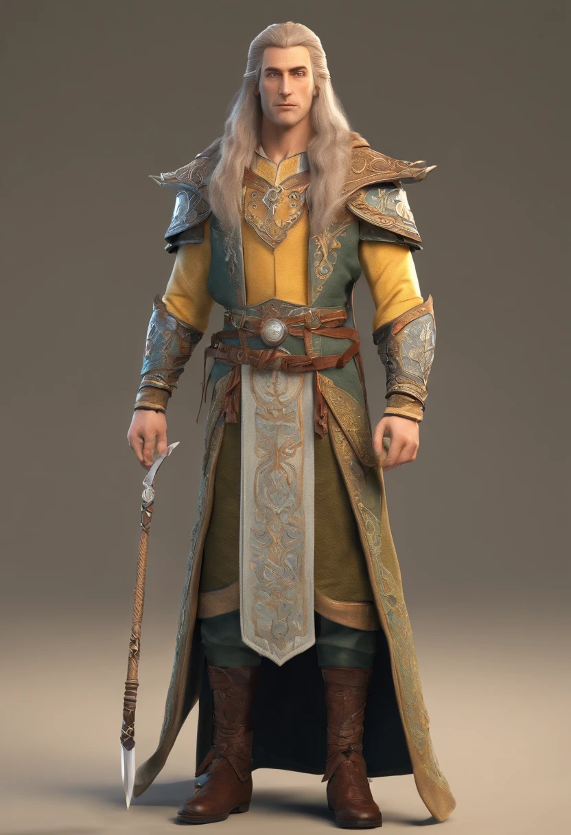 A handsome elvish god with fancy embroidered clothes and long hair