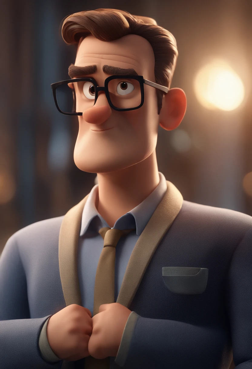 Cartoon character of a man with black glasses and a blue shirt, animation character, Caractere estilizado, animation style rendering, 3D estilizado, Arnold Maya render, 3 d render stylized, toon render keyshot, Personagem 3D, Personagem 3D, 3d rendering stylized, 3 d character render, personagem de desenho animado, Personagem de close up, Pose de personagem,  (Estilo Pixar) (master part:1.2) (Bokeh) (best quality) (pele detalhada) (textura detalhada) (8k) (argila) (Cinematic lighting) (foco nítido