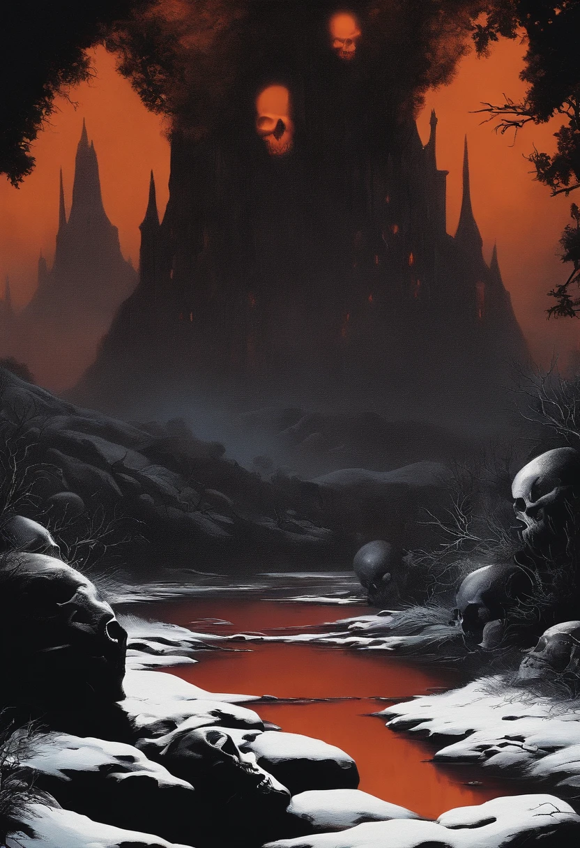 (paisagem noturna), horror, assombrado, corpses, skulls, Imagem representando o inferno, necronomicon, Pintura de estilo de imagem, Realistic, Sombras, disco Rigido, alta qualidade, cinemactic