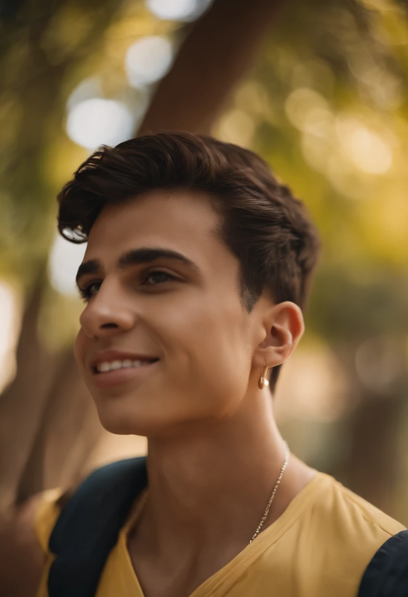 Make a Pixar-style character of a 21-year-old man, light skin, short hair, dark brown bangs, ele tem cavanhaque em cima da boca e embaixo da boca, Her teeth are white and her ear is medium size, He is wearing a yellow long-sleeved shirt with a high collar and a zipper on the collar, por cima da camisa ele esta vestindo um colete preto bem justo, treinando futebol em um campo de futebol em um dia ensolarado