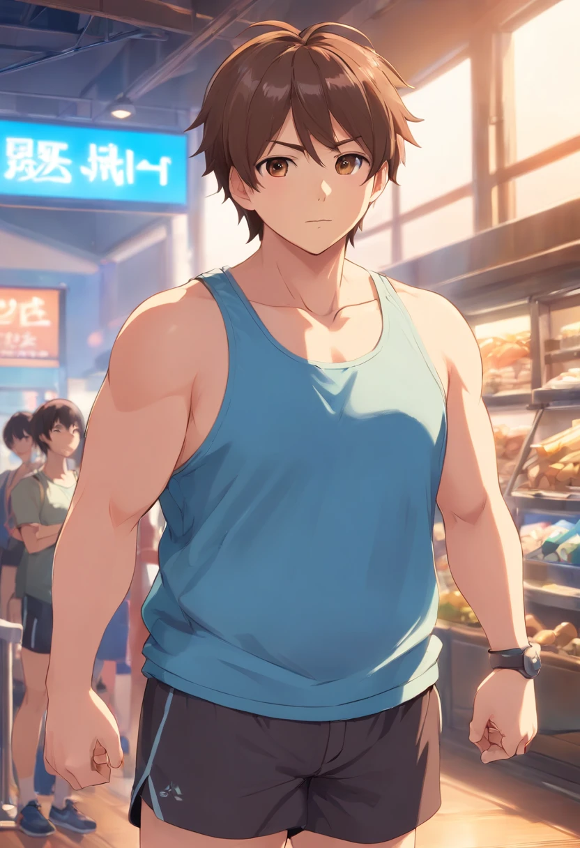 32 years old, adult, fat male, blue tank top, black gym shorts, light brown hair, short hair, brown eyes, no sleeves, with fat belly, chubby belly, fat, big arms, handsome face, very fat!!!, fat, chubby1!!,