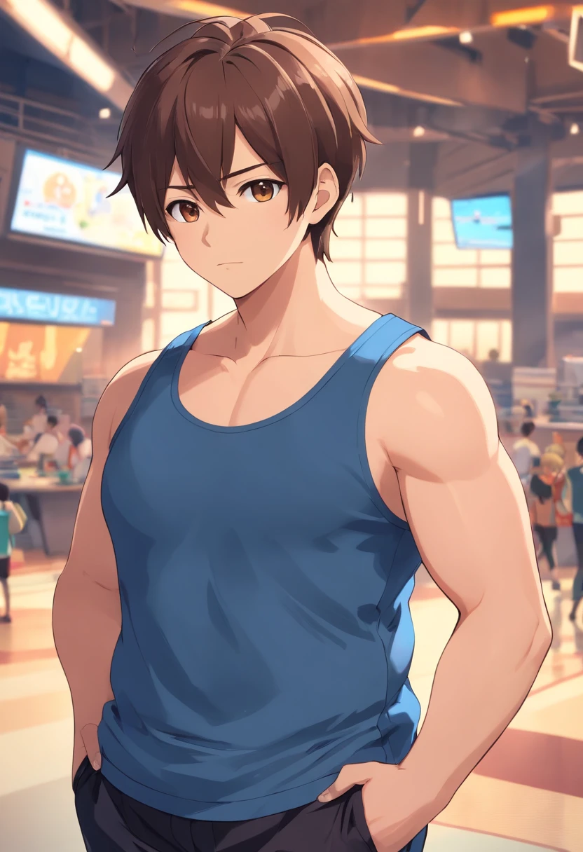 32 years old, adult, fat male, blue tank top, black gym shorts, light brown hair, short hair, brown eyes, no sleeves, with fat belly, chubby belly, fat, big arms, handsome face, very fat!!!, fat, chubby1!!,