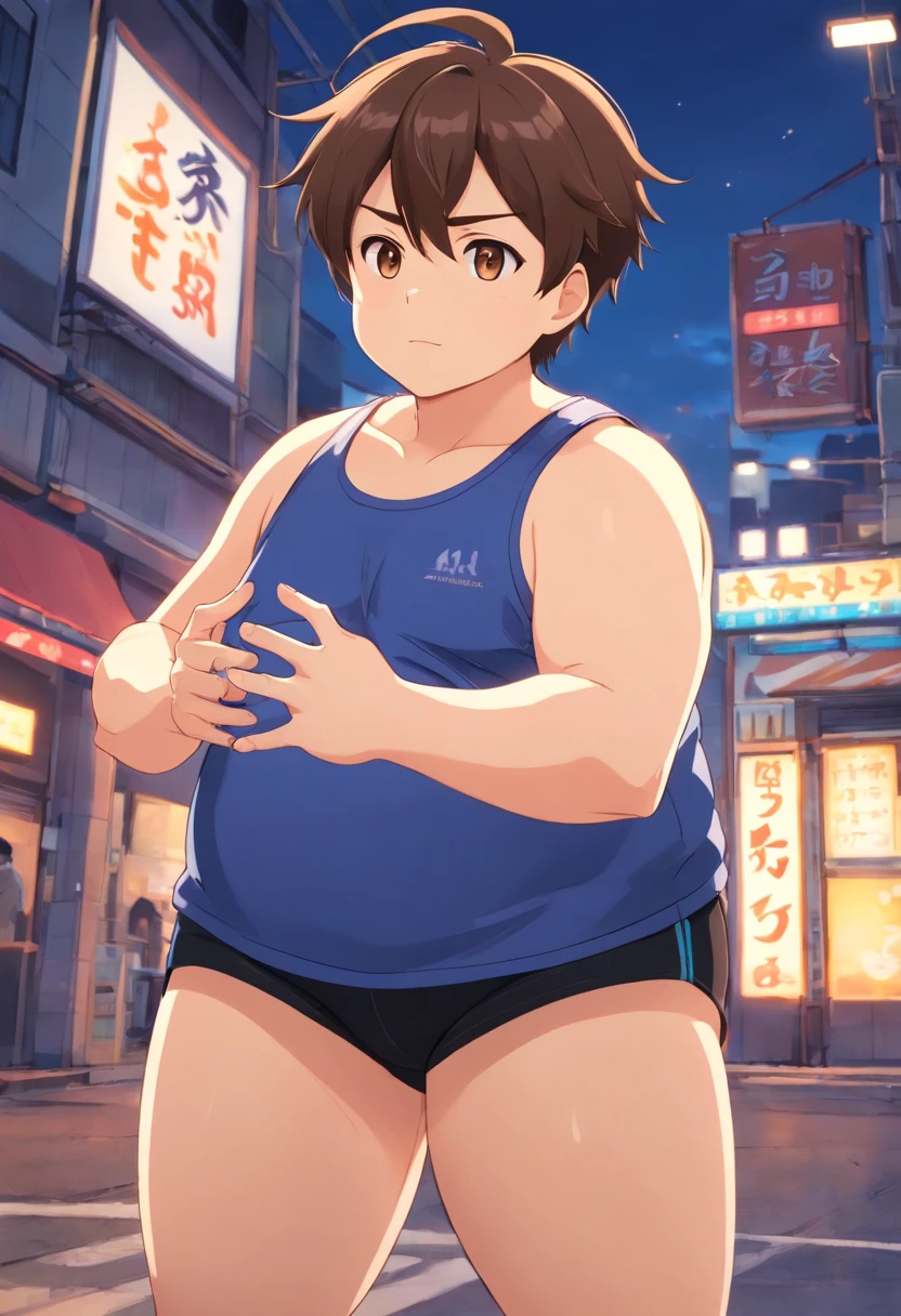 32 years old, adult, fat male, blue tank top, black gym shorts, light brown hair, short hair, brown eyes, no sleeves, with fat belly, chubby belly, fat, big arms, handsome face, very fat!!!, fat, chubby1!!,