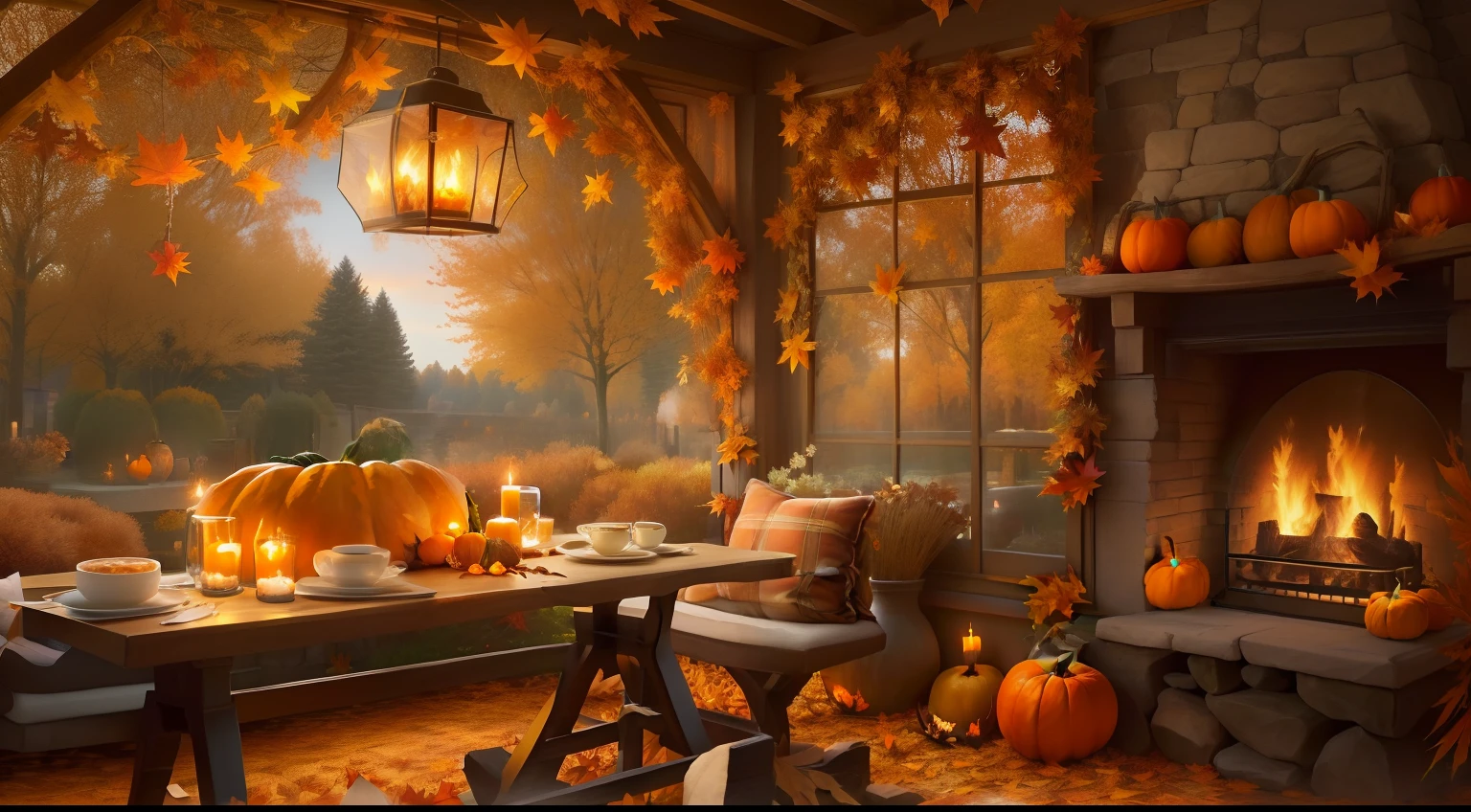 arafed room with a fireplace and a table with pumpkins, cozy cafe background, autum garden, 🍂 cute, cozy wallpaper, hyperrealistic fall, autumn background, realistic scene, cozy home background, cosy enchanted scene, 🍁 cute, warm beautiful scene, detailed scene, in the autumn, highly detailed scene, soft autumn sunlight, autumn tranquility, during autumn