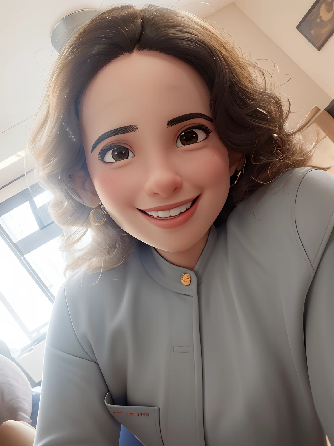 mulher sorridente com cabelo cacheado e uma jaqueta cinza sentada em um quarto, arab ameera al-taweel, arab ameera al taweel, 3 0 anos de idade mulher, Mulher de 30 anos, Grego Ameera al Taweel, happily smiling at the camera, Ameera Al-Taweel, Ameera Al Taweel