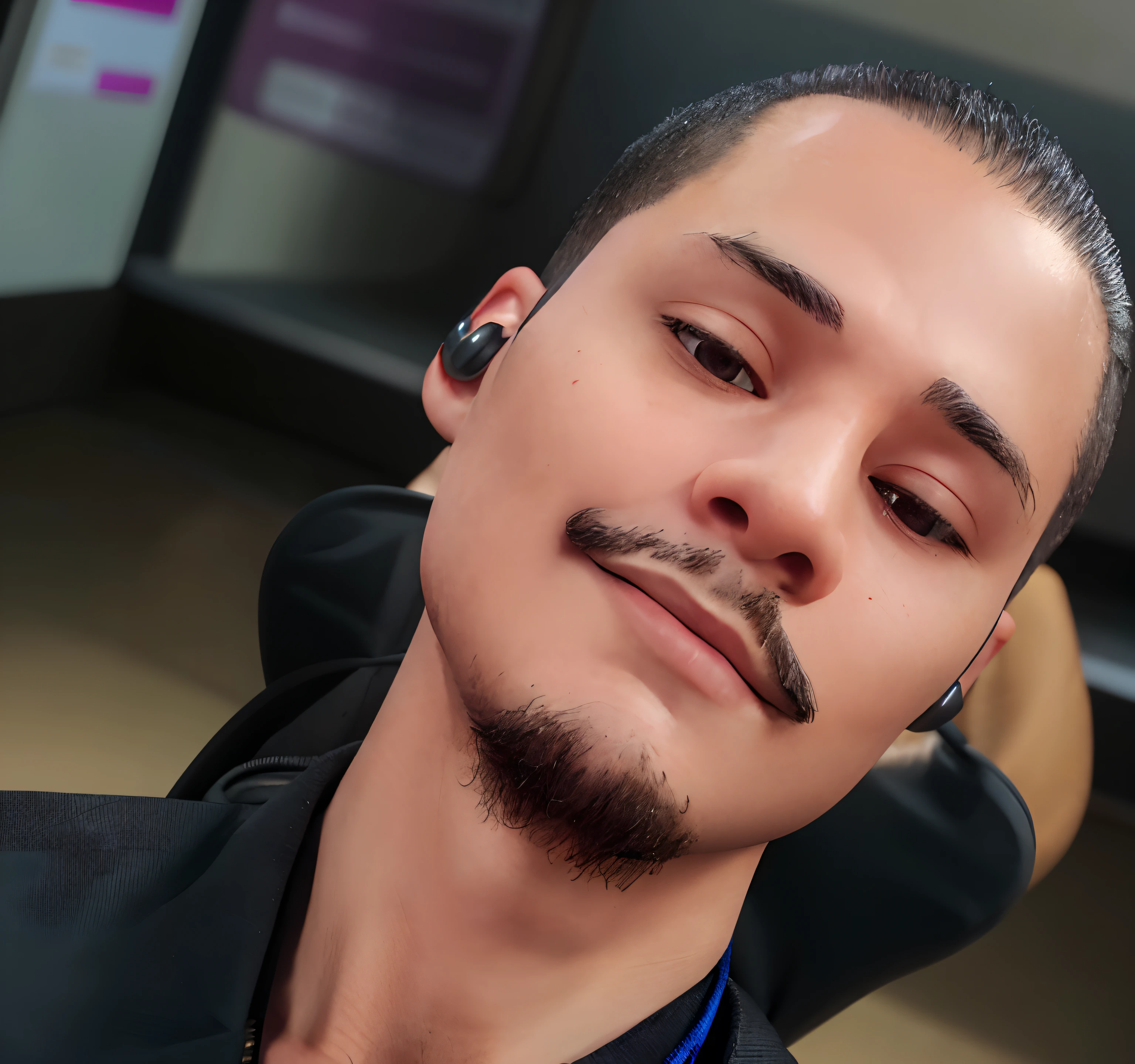 (best quality, 4k, high resolution, masterpiece: 1.2), a selfie inside the elevator, with a badge around his neck, with a backpack on his back, goatee and short mustache, wireless headphones, head slightly tilted, black eyes a little closed, long hair tied with short hair on the sides of the head, 23 year old young man, mouth closed with a slight sideways smile