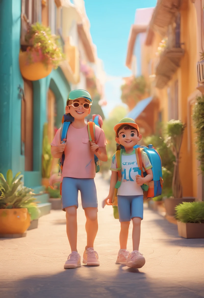 A family in cartoon style carrying backpacks on vacation with happy smiles, Palmeiras, Front view, fundo branco todo, design de streetwear, vetor pro, Apenas 10 cores, solid colours, sem sombras, design completo, cores frias, etiqueta, cores brilhantes