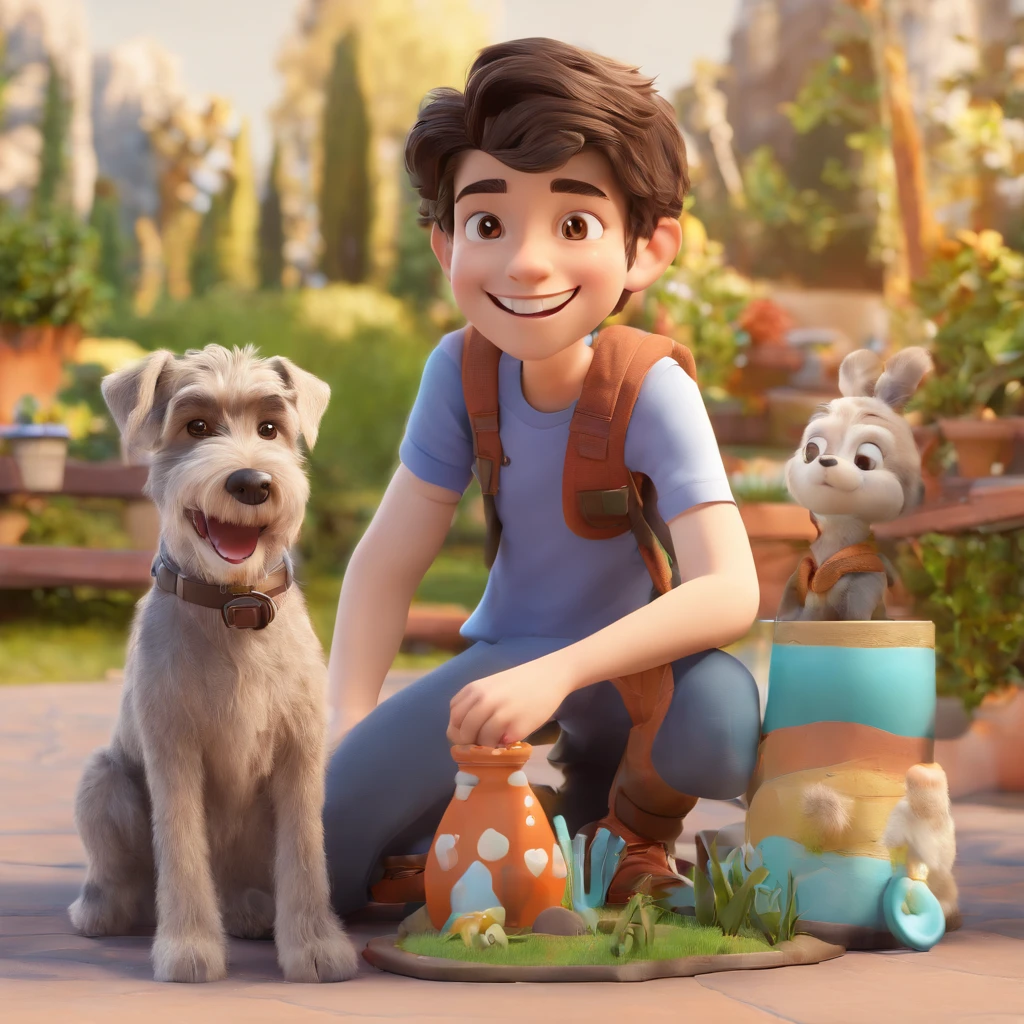Lucas is a smiling 15-year-old human boy, com seu fiel amigo, Bolt, o cachorro schnauzer, deitados no jardim