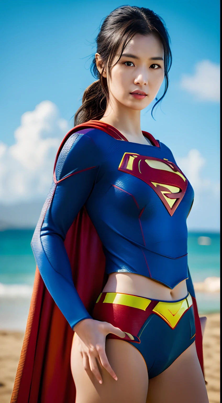 1girl in, Beautiful Hawaiian Woman,((Supergirl Suit)),(sleeveless),A sexy, superman logo, full-shot, Standing Pose, looking at the viewers,Hawaiian Landscape,the beach,细致背景,Photorealsitic、a picture、masterpiece、reallistic、真实感、photorealisim、High contrast、Photorealistic Art Station Trending Digital Art 8k HD High Definition and Detailed Realistic, detaileds, Skin Texture, ultra-detailliert, realistic skin textures, armature, top-quality, 超A high resolution, (Photorealsitic:1.4),, hight resolution, detaileds, Raw foto, Sharp Re, Nikon D850 Film Stock Photo by Lee Jefferies 4 Kodak Portra 400 Camera F1.6 lenses rich colors hyper realistic lifelike textures dramatic lighting unreal engine artstation trends synestil 800,