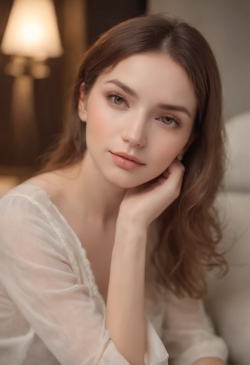 (8k, Foto RAW, best quality, senhor:1.2), (Realistic, photo-realistic:1.37), ultra detalhado, 1 girl, fofo, sozinho, beautiful detailed sky, Rosto detalhado, Noite, sentado, dating, (Corar), (sorrir: 1.1), (Cale a boca), seios grandes, belos olhos delicados, abotoado desfeito, (camisa de gola: 1.1), gravata borboleta, saia plissada, (short hair: 1.2), flowing hair, long eyelashes, sombra, Rosto pequeno, olhos grandes, tiro de corpo inteiro, bareshoulders, Interior, cama