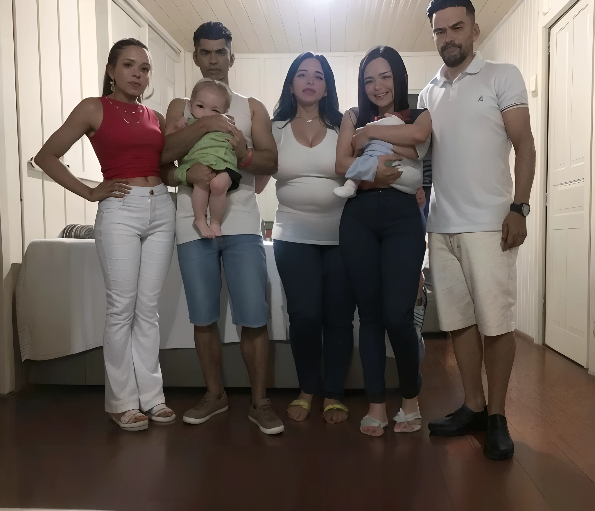 There's a group of people together in a hallway, Happy family, 3 5 year brazilian mother, Family photo, Directed by: Nandor Soldier, Directed by: Willian Murai, Foto realista, Upload de alta qualidade, imagem de perfil, family portrait, Em casa, Directed by: Luis Miranda, by Amelia Peláez, Directed by: Manuel Ortiz de Zarate