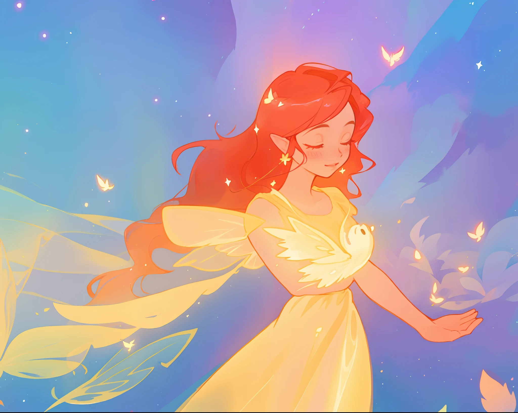 beautiful girl in golden gown, sparkling fairy wings, long flowing red hair, fantasia sky background, colorful, (glowing fairy wings), glowing flowing ballgown, long wavy hair, sparkling fairy wings, watercolor illustration, flowers and colorful plants, disney art style, glowing aura around her, flowing glowing hair, glowing flowing hair, beautiful digital illustration, fantasia otherworldly landscape plants flowers, beautiful, masterpiece, best quality, anime disney style