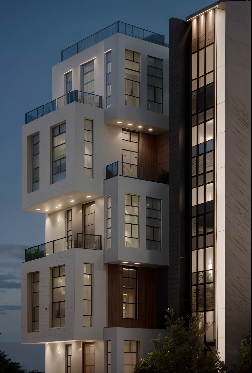 A modern construction for a house in a luxury condominium, Contemporary architecture The look is beautiful with supporting pillars, Acabamento Brisa, Wooded area with trees behind the building, ultra realistic, detalhes intrincados, cinematic lights, 8k