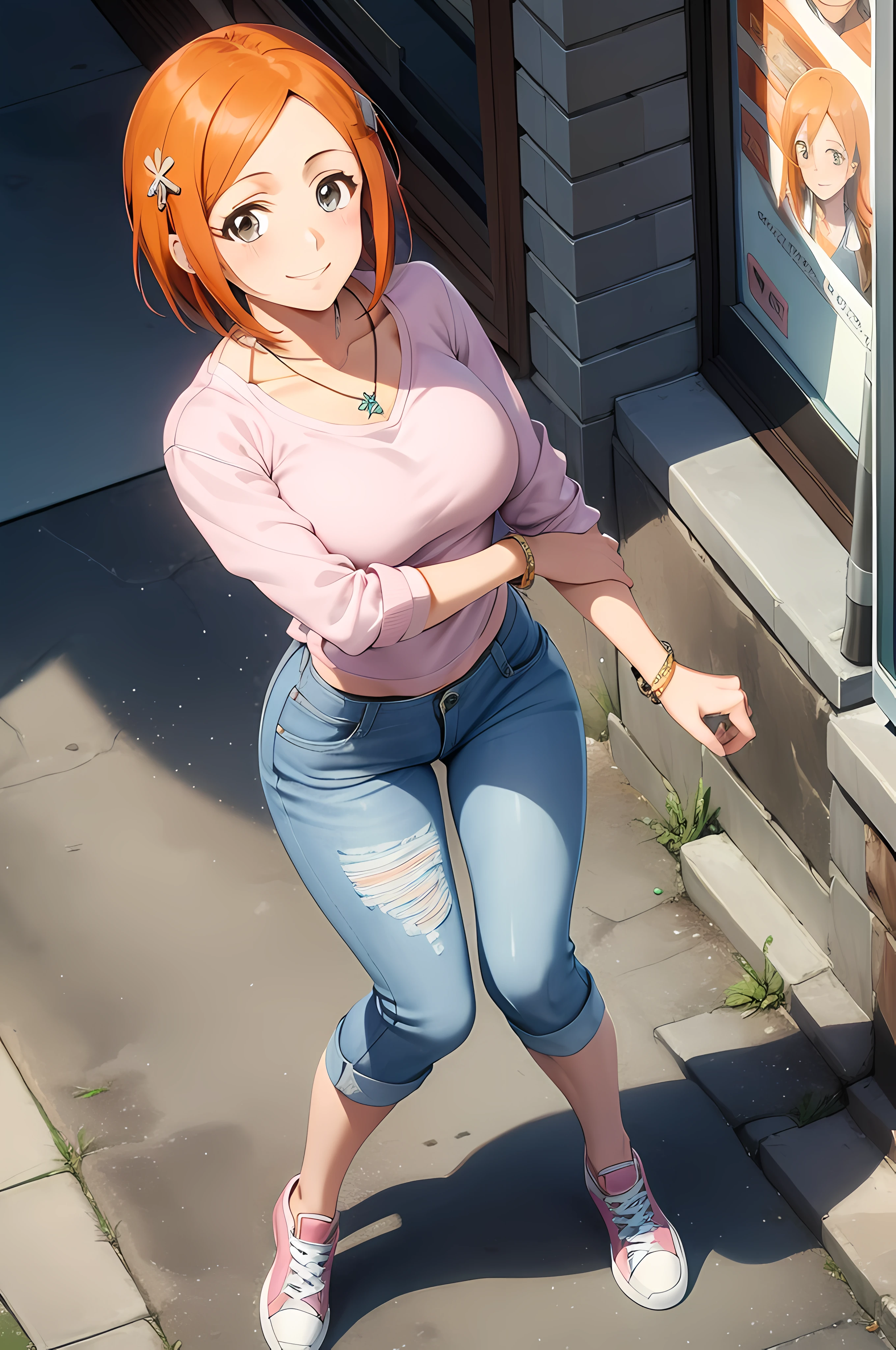 1girl, masterpiece, high detailed, above view, looking at the viewer, inoue orihime, short hair, orange hair, grey eyes, pink blouse, jeans, necklace, bracelet, smiling, sneakers, street bottom, full body