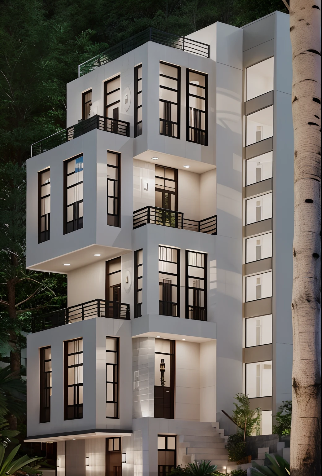 A modern construction for a house in a luxury condominium, Contemporary architecture The look is beautiful with supporting pillars, Acabamento Brisa, Wooded area with trees behind the building, ultra realistic, detalhes intrincados, cinematic lights, 8k
