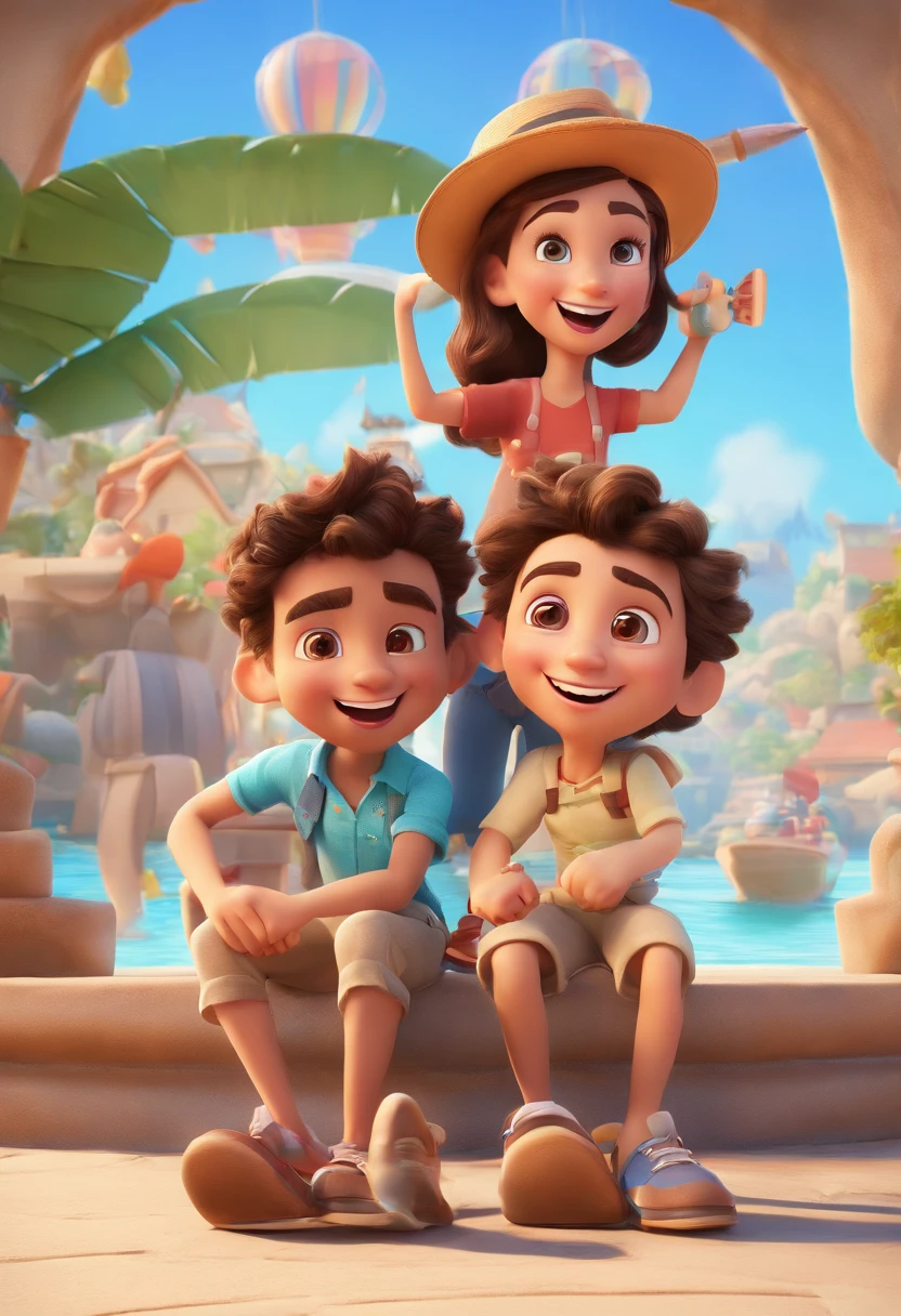 Cartoon of friends having fun on vacation together, 3D Animation Movie Poster, Poster de filme animado, pixar 3 d animation style, pixar renderman rendering, maia 8 mil, animated film, Disney Pixar Estilo 3D, amigos felizes saem juntos, all wearing light blue shirts and cream brown long pants, camisa azul clara, cream brown pants, ao ar livre, vacation, Disney Pixar Animation Poster