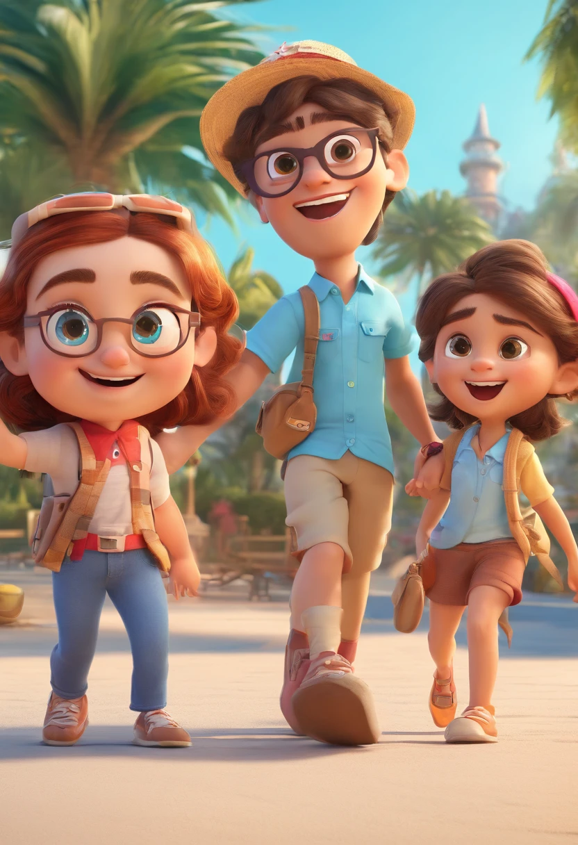 Cartoon of friends having fun on vacation together,  3D Animation Movie Poster, Poster de filme animado, pixar 3 d animation style, pixar renderman rendering, maia 8 mil, animated film, Disney Pixar Estilo 3D, amigos felizes saem juntos, all wearing light blue shirts and cream brown long pants, camisa azul clara, cream brown pants, ao ar livre, vacation, Disney Pixar Animation Poster