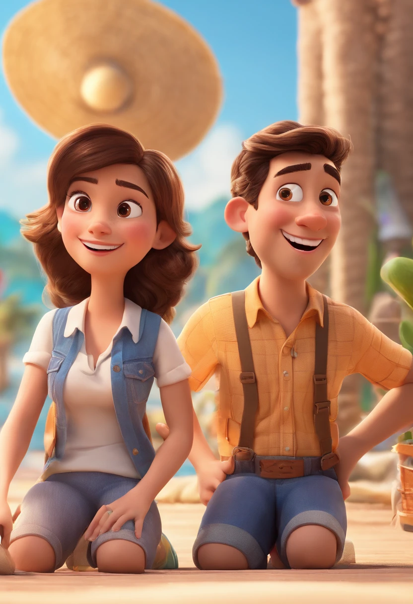 Cartoon of friends having fun on vacation together, 3D Animation Movie Poster, Poster de filme animado, pixar 3 d animation style, pixar renderman rendering, maia 8 mil, animated film, Disney Pixar Estilo 3D, amigos felizes saem juntos, all wearing light blue shirts and cream brown long pants, camisa azul clara, cream brown pants, ao ar livre, vacation, Disney Pixar Animation Poster