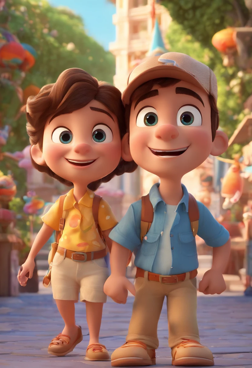Cartoon of friends having fun on vacation together, 3D Animation Movie Poster, Poster de filme animado, pixar 3 d animation style, pixar renderman rendering, maia 8 mil, animated film, Disney Pixar Estilo 3D, amigos felizes saem juntos, all wearing light blue shirts and cream brown long pants, camisa azul clara, cream brown pants, ao ar livre, vacation, Disney Pixar Animation Poster