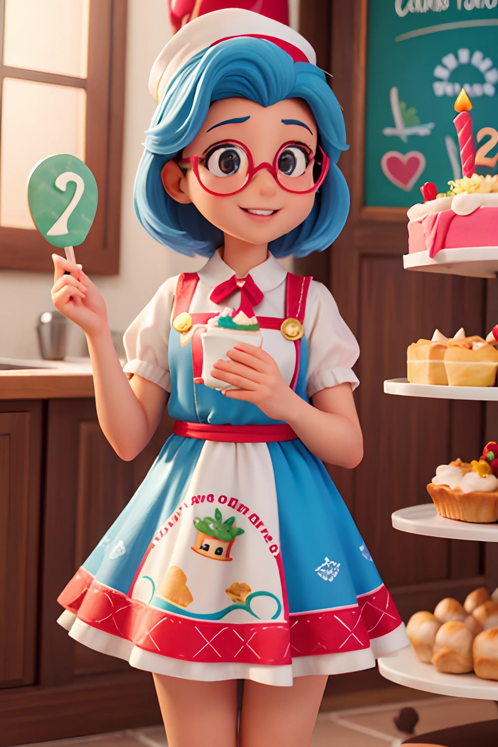 Create a Disney-style poster featuring a 40-year-old female character, Behind the cocked glasses, para mulheres, cabelos cor castanho claro na altura do ombro, sorriso feliz, queixo pequeno, . o cabelo deve ser cacheado, Caiu um pouco dos ombros. Roupa de confeiteira. Holding a small birthday cake in a pastry kitchen.