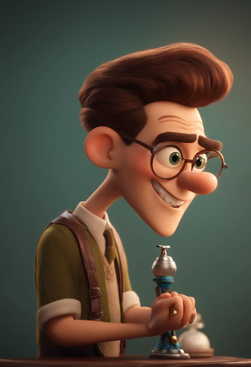 A Dream Barber Inspired by Pixar Animation, de perto. The character takes center stage with captivating facial expressions, oferecendo um toque de irrealidade, Cabelo curto e gordinho gradiente