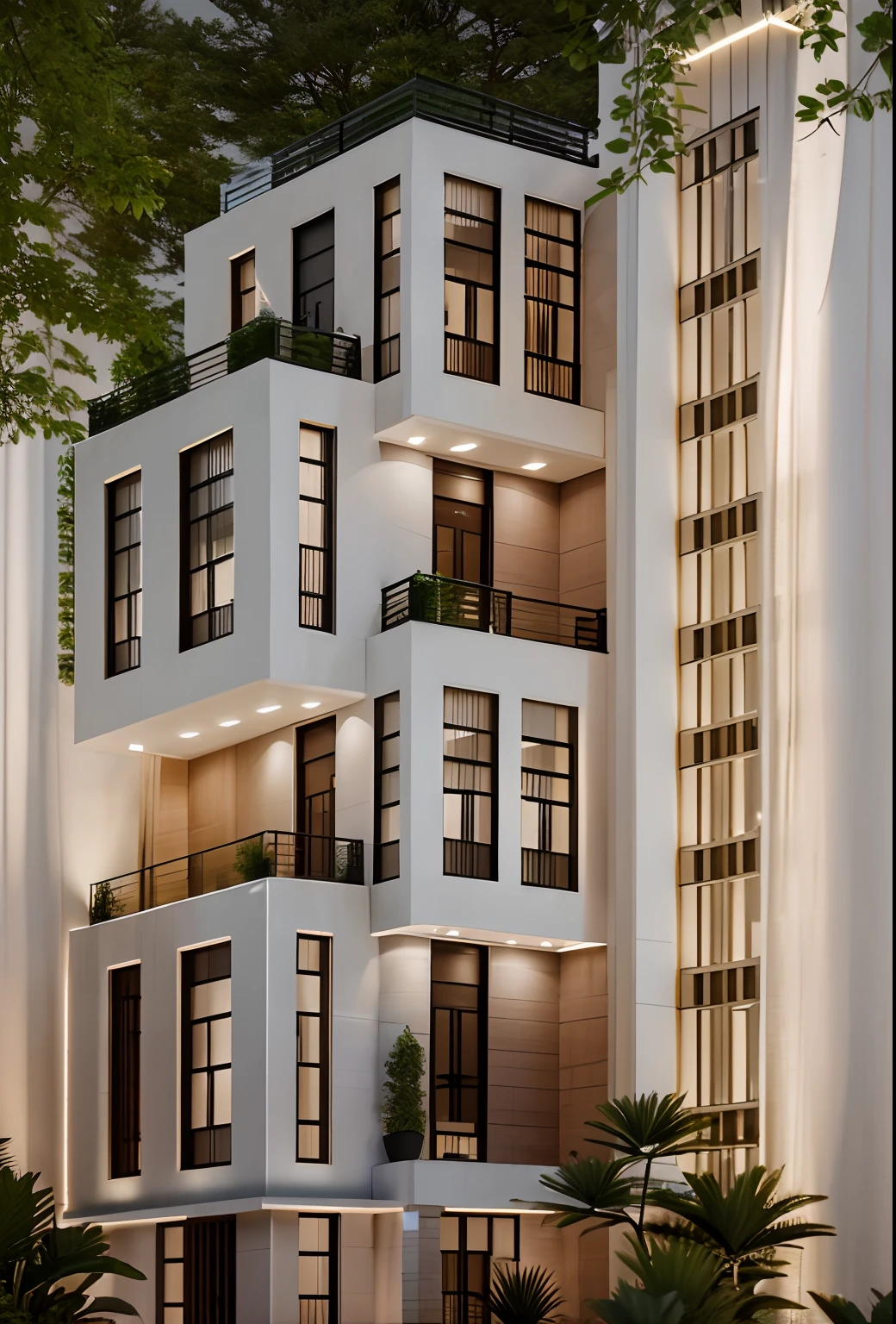 A modern construction for a house in a luxury condominium, Contemporary architecture The look is beautiful with supporting pillars, Acabamento Brisa, Wooded area with trees behind the building, ultra realistic, detalhes intrincados, cinematic lights, 8k