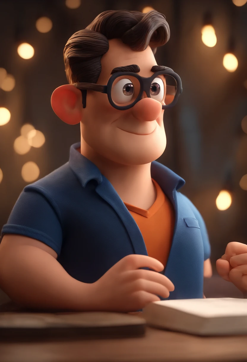 Cartoon character of a man wearing black glasses and a blue shirt, um personagem animado, Caractere estilizado, animation style rendering, 3D estilizado, Arnold Maya render, 3 d render stylized, toon render keyshot, Personagem 3D, Personagem 3D, 3d rendering stylized, 3 d character render, personagem de desenho animado, Personagem de close up, Pose de personagem, (Estilo Pixar) (master part:1.2) (Bokeh) (best quality) (pele detalhada) (textura detalhada) (8k) (argila) (Cinematic lighting) (foco nítido,Senta e vaza a parte superior do corpo