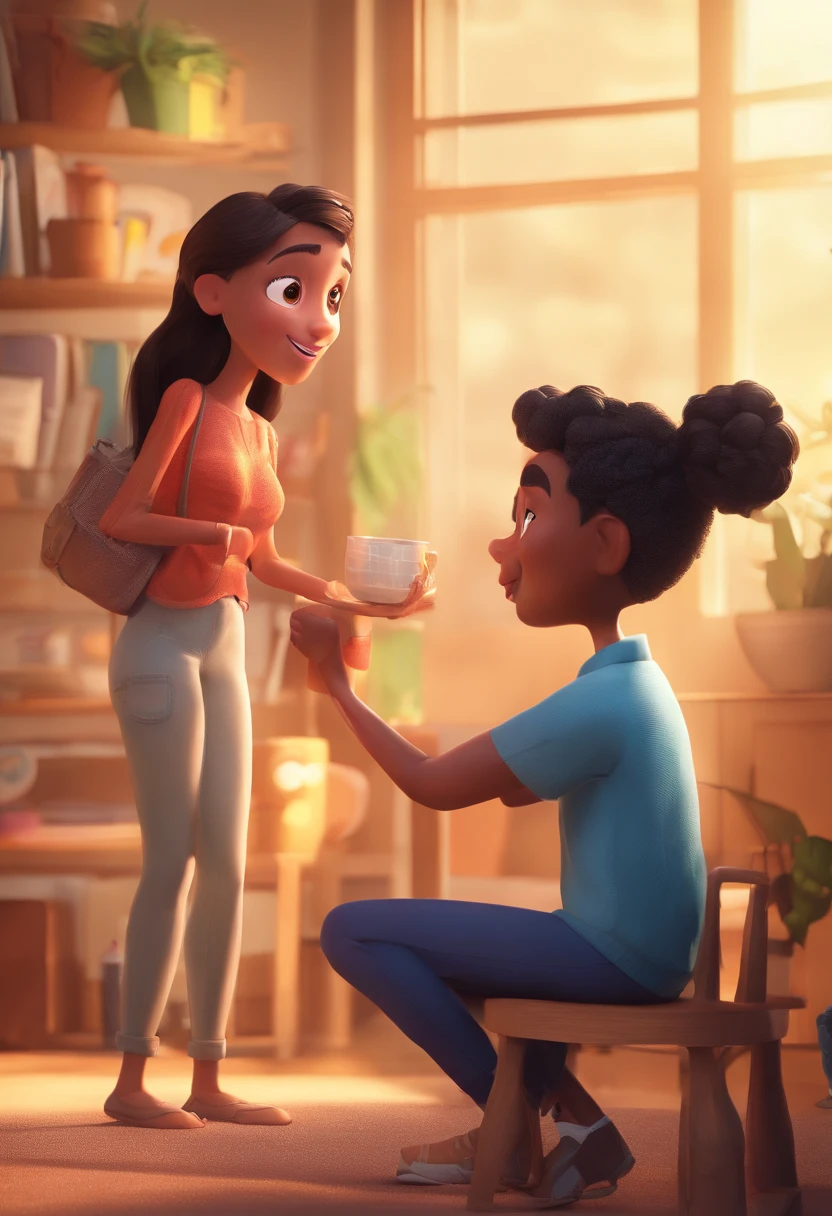 An illustration of an adorable couple, destacando um homem e uma mulher com bonito, Expressive eyes – the man's skin is black and the man's hair is bald and black, while the woman's skin is black and the woman's hair is curly and brown. They are a bright room, cada um com um sorriso no rosto, e compartilhar um momento especial caracterizado pelo amor, arroz, e insights educacionais. Illustrate this scene from a perspective where they are facing away from the camera, Showing Your Connection. Desenvolva esta arte em Full HD, Focus on your cinematic touch, Estilo Disney Pixar Animations