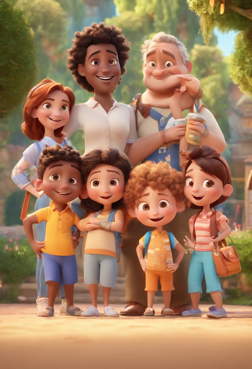 Cartoon of friends having fun on vacation together, 3D Animation Movie Poster, Poster de filme animado, pixar 3 d animation style, pixar renderman rendering, maia 8 mil, animated film, Disney Pixar Estilo 3D, amigos felizes saem juntos, all wearing light blue shirts and cream brown long pants, camisa azul clara, cream brown pants, ao ar livre, vacation, Disney Pixar Animation Poster
