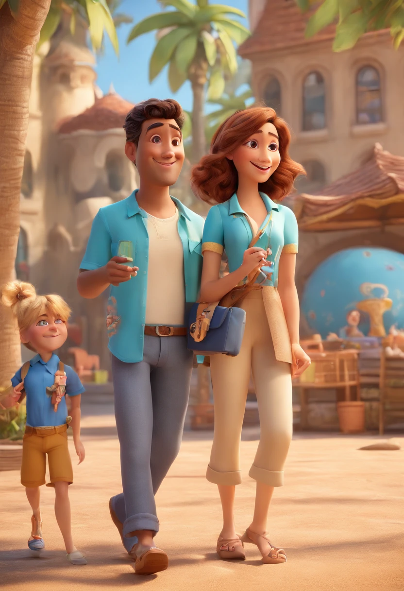 Cartoon of friends having fun on vacation together,  3D Animation Movie Poster, Poster de filme animado, pixar 3 d animation style, pixar renderman rendering, maia 8 mil, animated film, Disney Pixar Estilo 3D, amigos felizes saem juntos, all wearing light blue shirts and cream brown long pants, camisa azul clara, cream brown pants, ao ar livre, vacation, Disney Pixar Animation Poster