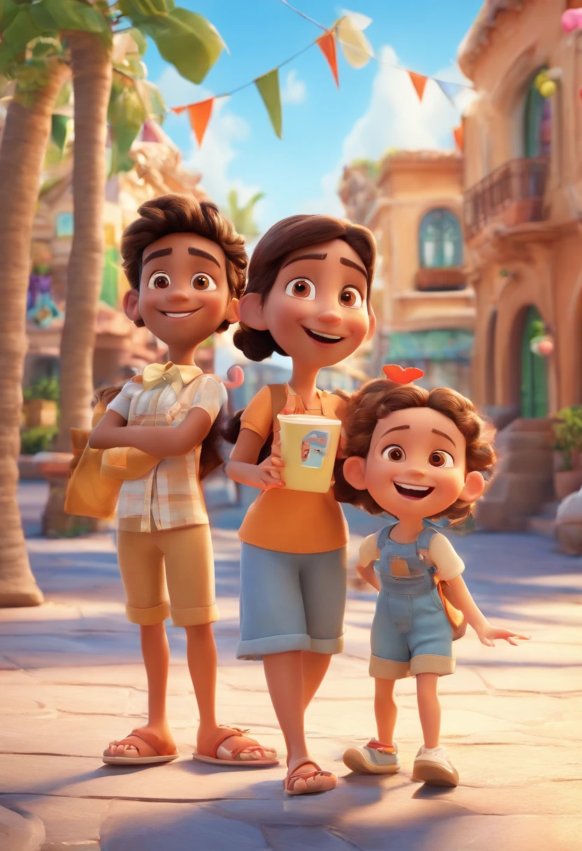 Cartoon of friends having fun on vacation together, 3D Animation Movie Poster, Poster de filme animado, pixar 3 d animation style, pixar renderman rendering, maia 8 mil, animated film, Disney Pixar Estilo 3D, amigos felizes saem juntos, all wearing light blue shirts and cream brown long pants, camisa azul clara, cream brown pants, ao ar livre, vacation, Disney Pixar Animation Poster
