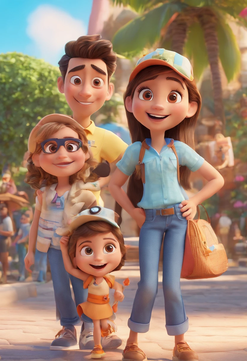 Cartoon of friends having fun on vacation together,  3D Animation Movie Poster, Poster de filme animado, pixar 3 d animation style, pixar renderman rendering, maia 8 mil, animated film, Disney Pixar Estilo 3D, amigos felizes saem juntos, all wearing light blue shirts and cream brown long pants, camisa azul clara, cream brown pants, ao ar livre, vacation, Disney Pixar Animation Poster