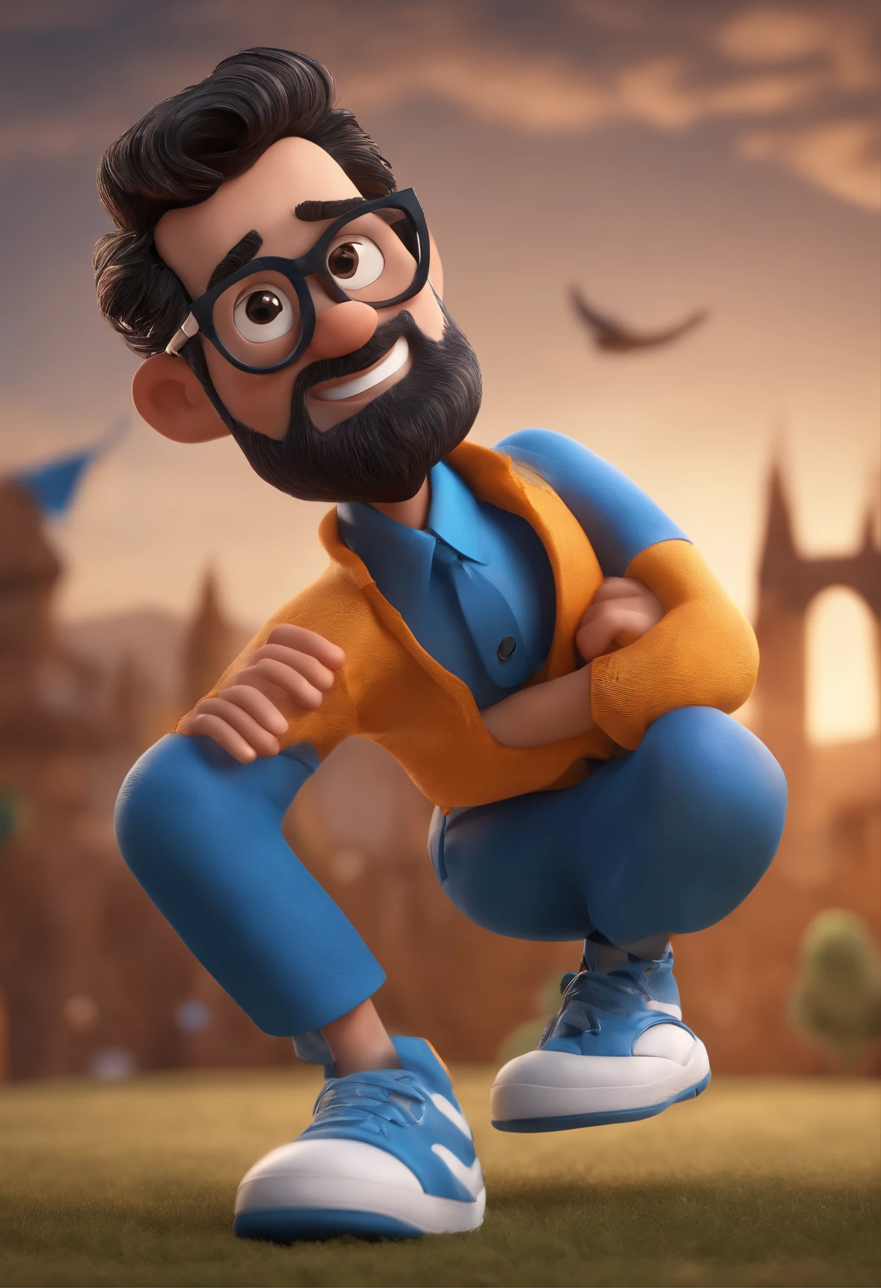 Cartoon character of a man with black glasses and a blue shirt, animation character, Caractere estilizado, animation style rendering, 3D estilizado, Arnold Maya render, 3 d render stylized, toon render keyshot, Personagem 3D, Personagem 3D, 3d rendering stylized, 3 d character render, personagem de desenho animado, Personagem de close up, Pose de personagem, (Estilo Pixar) (master part:1.2) (Bokeh) (best quality) (pele detalhada) (textura detalhada) (8k) (argila) (Cinematic lighting) (foco nítido