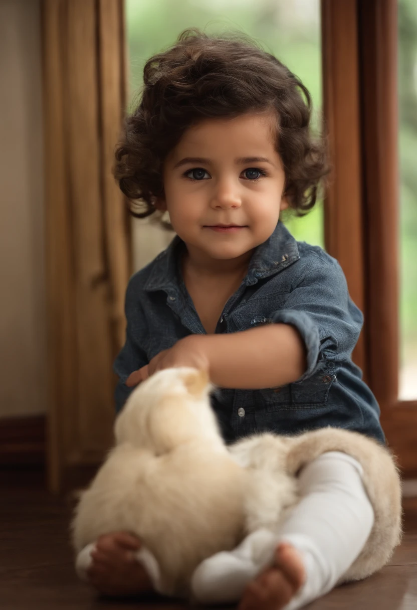 : Miguel, aproximadamente 5 anos de idade, cabelo curto estilo Disney, olhos castanhos e sorrisos. garota: Giovana, 2 anos, longos cabelos pretos e olhos azuis. scenecy: Miguel and Giovana are in a cozy little house in the valley, ao fundo um dia ensolarado, Destacando o Sol.