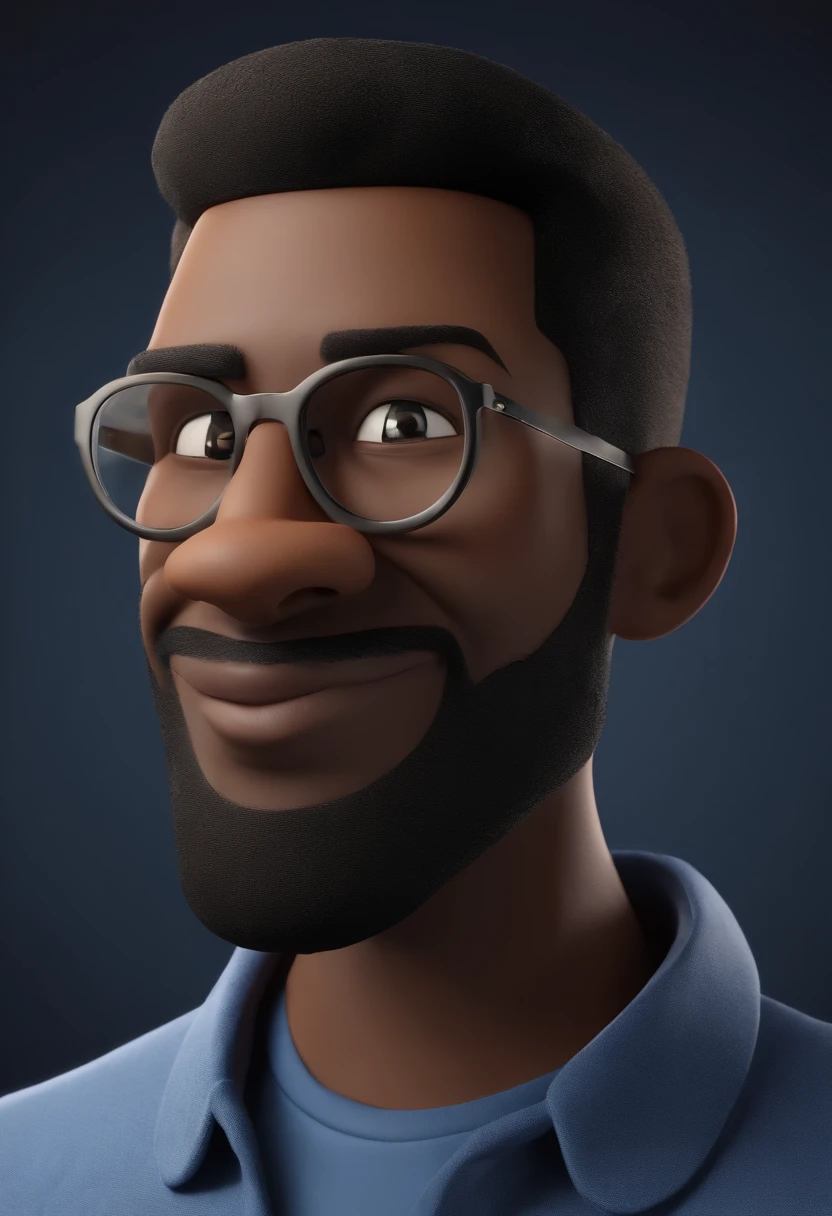 Cartoon character of a black man wearing black glasses and a blue shirt, um personagem animado, Caractere estilizado, animation style rendering, 3D estilizado, Arnold Maya render, 3 d render stylized, toon render keyshot, Personagem 3D, Personagem 3D, 3d rendering stylized, 3 d character render, personagem de desenho animado, Personagem de close up, Pose de personagem, (Estilo Pixar) (master part:1.2) (Bokeh) (best quality) (pele detalhada) (textura detalhada) (8k) (argila) (Cinematic lighting) (foco nítido,Senta e vaza a parte superior do corpo