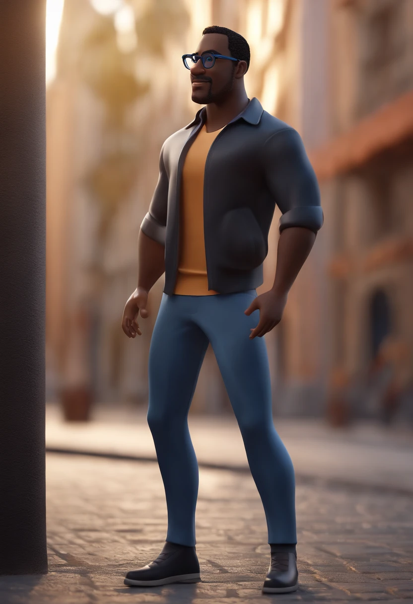 Cartoon character of a black man wearing black glasses and a blue shirt, um personagem animado, Caractere estilizado, animation style rendering, 3D estilizado, Arnold Maya render, 3 d render stylized, toon render keyshot, Personagem 3D, Personagem 3D, 3d rendering stylized, 3 d character render, personagem de desenho animado, Personagem de close up, Pose de personagem, (Estilo Pixar) (master part:1.2) (Bokeh) (best quality) (pele detalhada) (textura detalhada) (8k) (argila) (Cinematic lighting) (foco nítido,Senta e vaza a parte superior do corpo
