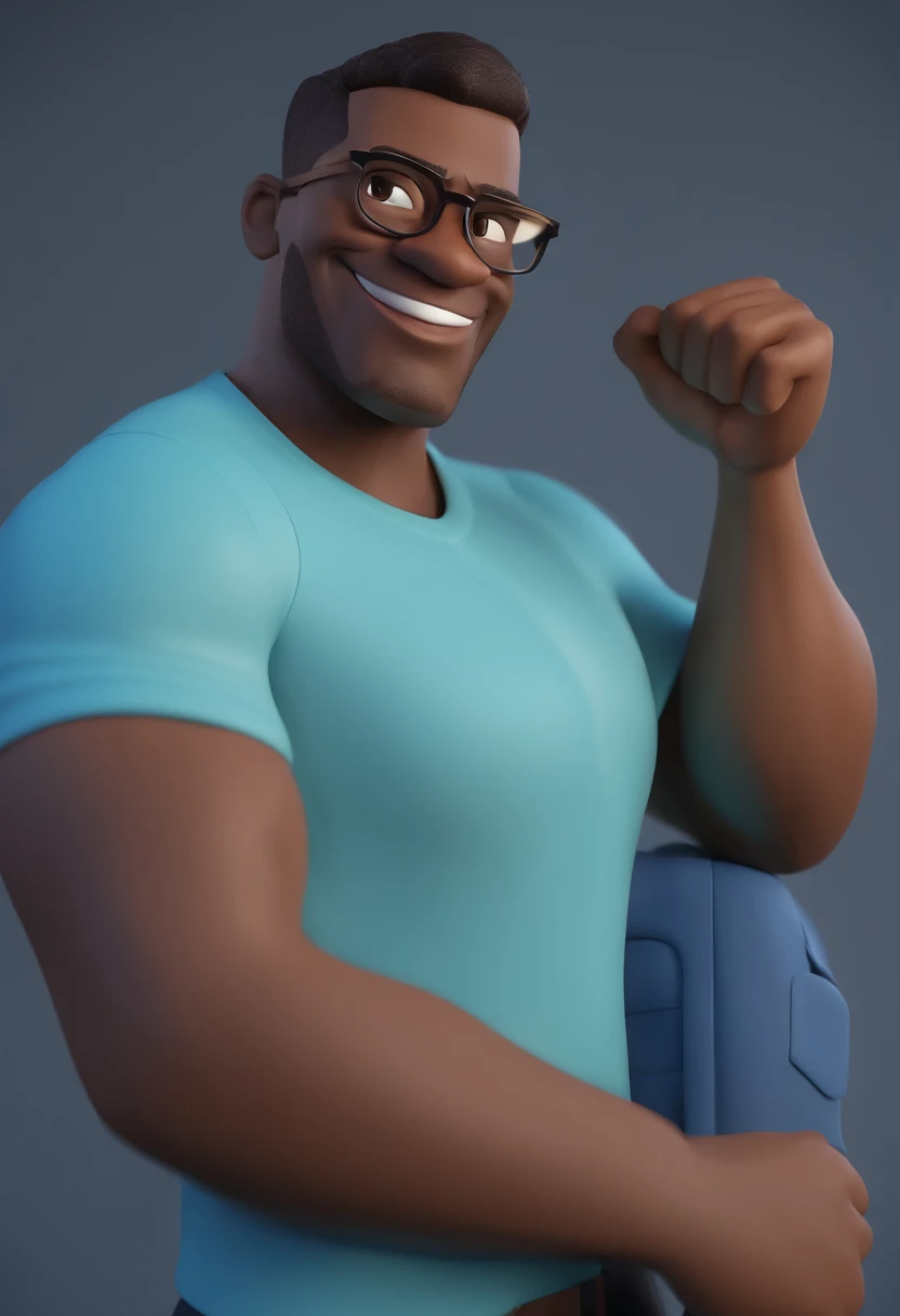 Cartoon character of a black man wearing black glasses and a blue shirt, um personagem animado, Caractere estilizado, animation style rendering, 3D estilizado, Arnold Maya render, 3 d render stylized, toon render keyshot, Personagem 3D, Personagem 3D, 3d rendering stylized, 3 d character render, personagem de desenho animado, Personagem de close up, Pose de personagem, (Estilo Pixar) (master part:1.2) (Bokeh) (best quality) (pele detalhada) (textura detalhada) (8k) (argila) (Cinematic lighting) (foco nítido,Senta e vaza a parte superior do corpo
