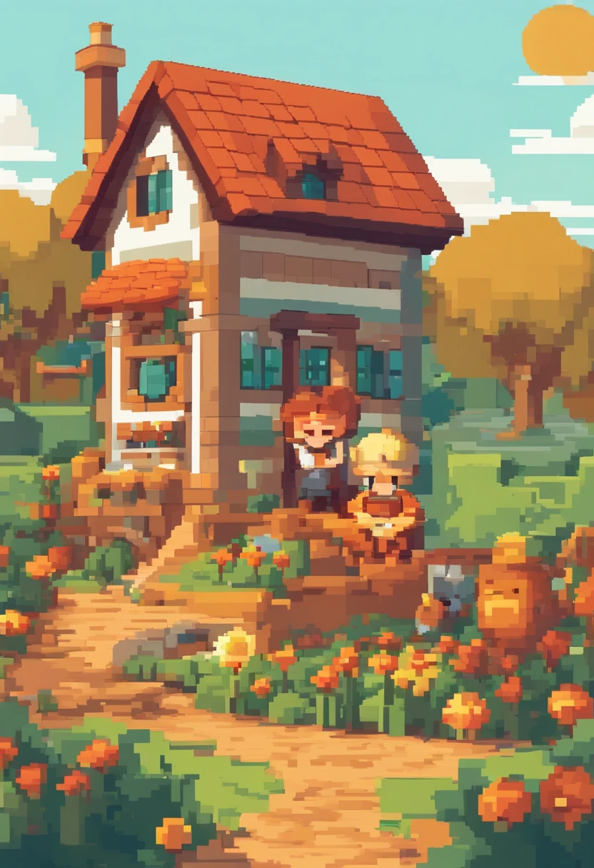 menino: Miguel, aproximadamente 5 anos de idade, cabelo curto estilo Disney, olhos castanhos e sorrisos. garota: Giovana, 2 anos, longos cabelos pretos e olhos azuis. scenecy: Miguel and Giovana are in a cozy little house in the valley, ao fundo um dia ensolarado, Destacando o Sol.