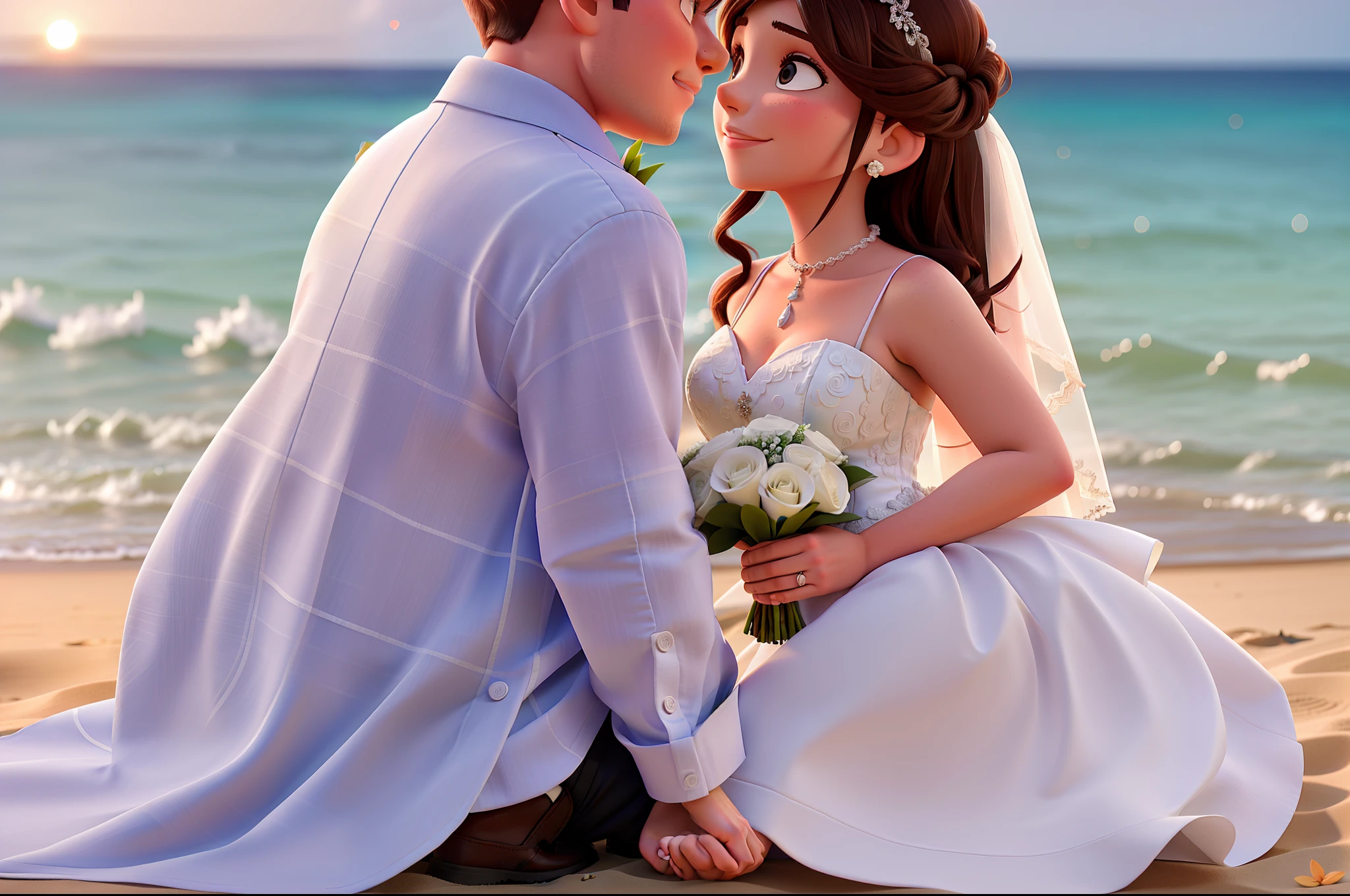 wedding couple looking at each other while getting married on the beach
