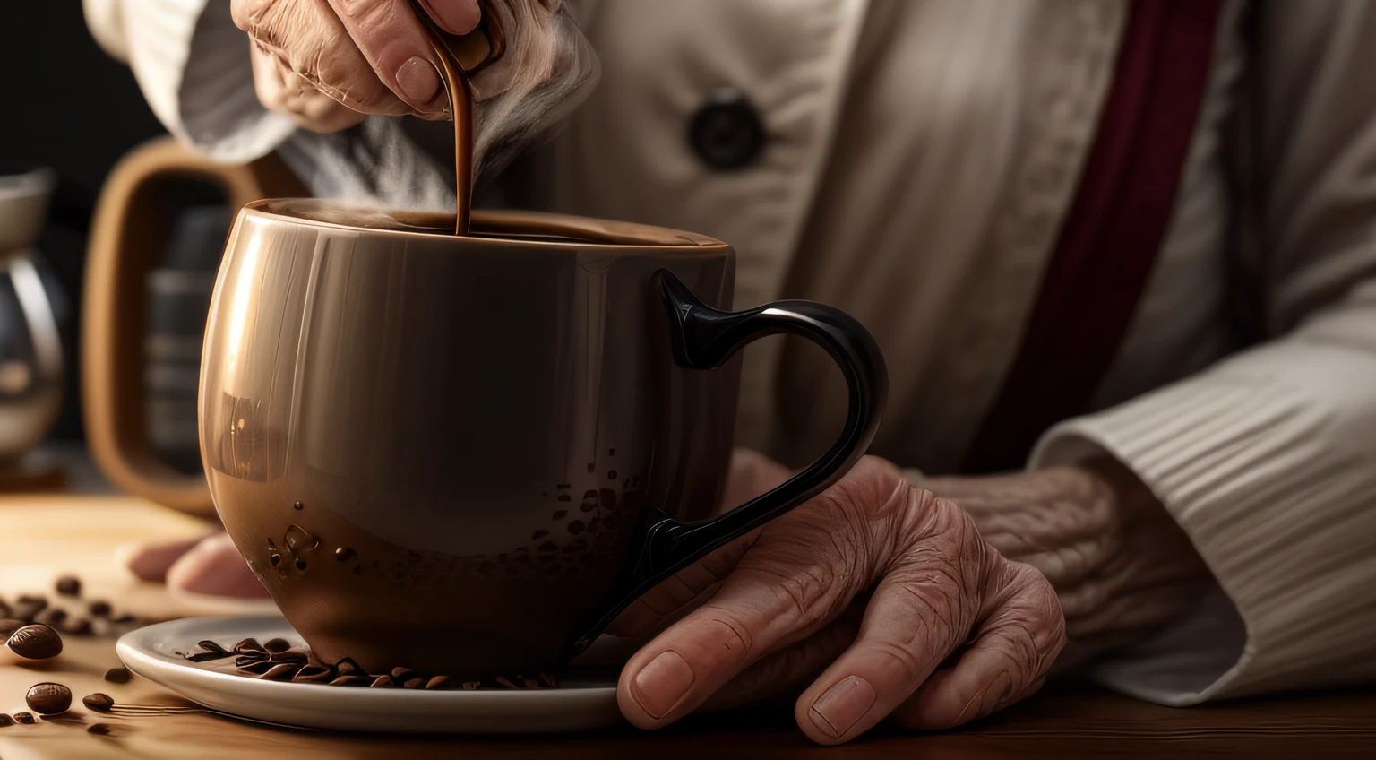 THE WISE OLD WOMAN MAKING COFFEE, close-up em seu rosto ultra detalhado, rugas detalhadas, pele realista, queimadura solar, dust, expression marks, olhos expressivos