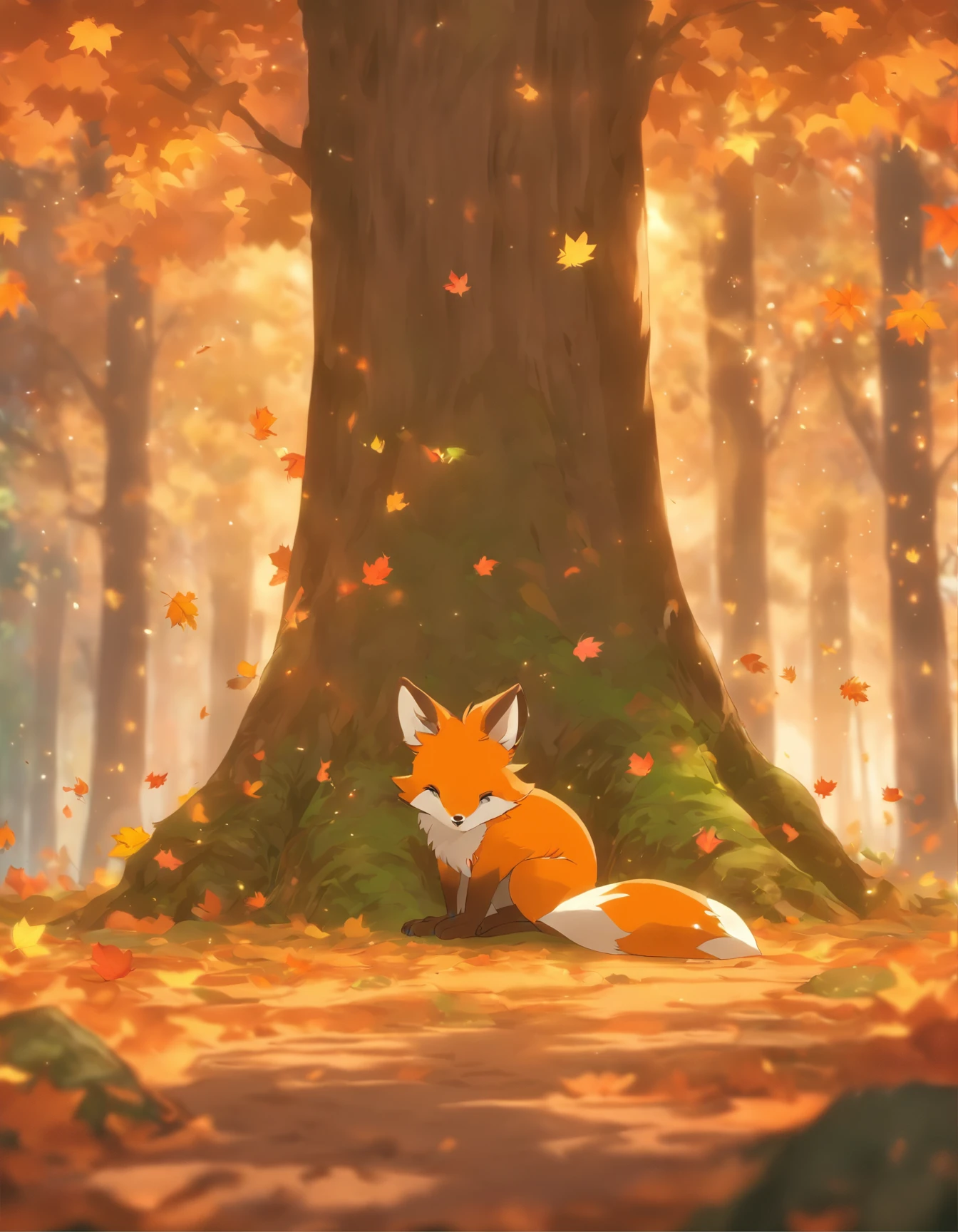 (best quality,4k,8k,A high resolution,master part:1.2),ultra-detalhado,(Realistic,fotorrealista,photo-realistic:1.37),Colorful autumn scenery,Lonely fox,raposa bonito,floresta de outono,Raposa em um manto de folha de bordo,Raposa escondida,tree roots,Dias chuvosos,atmosfera tranquila,maple trees,folhagem de outono,Raposa colorida,folhas verde-escuras e alaranjadas,ambiente tranquilo,natural lighting,gotas de chuva suaves,leaves on the ground,soft mist,O sol cintilante brilha pela floresta,Majestic tree trunk,silent solitude,magical ambiance