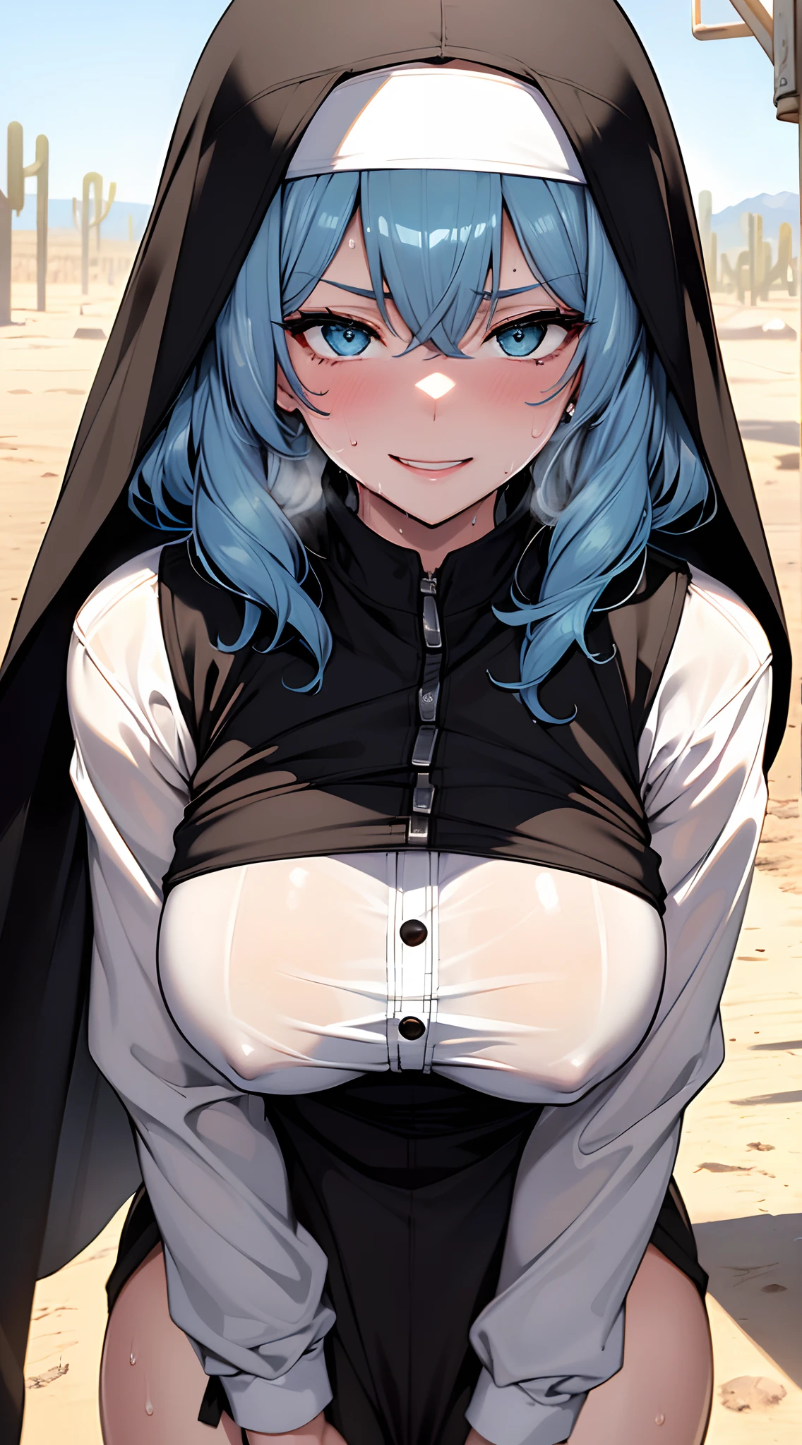 top-quality、supreme1People Girls,hightquality,, ((masuter piece)), ((High resolution)), ((Best Quality)), detail, (NSFW:1.4 ,cum faced、Excited face.Very happy,), ((Skin shiny with sweat:1.4)), (Nun's clothes with black slits:1.2)、 girl with, lightblue hair, (Straight、Bangs Patsun)、sit in:1.5、fair white skin:1.3、、Colossal tits, cinmatic lighting, perfectly shaded,(((A desert))), Realistic lighting with shades