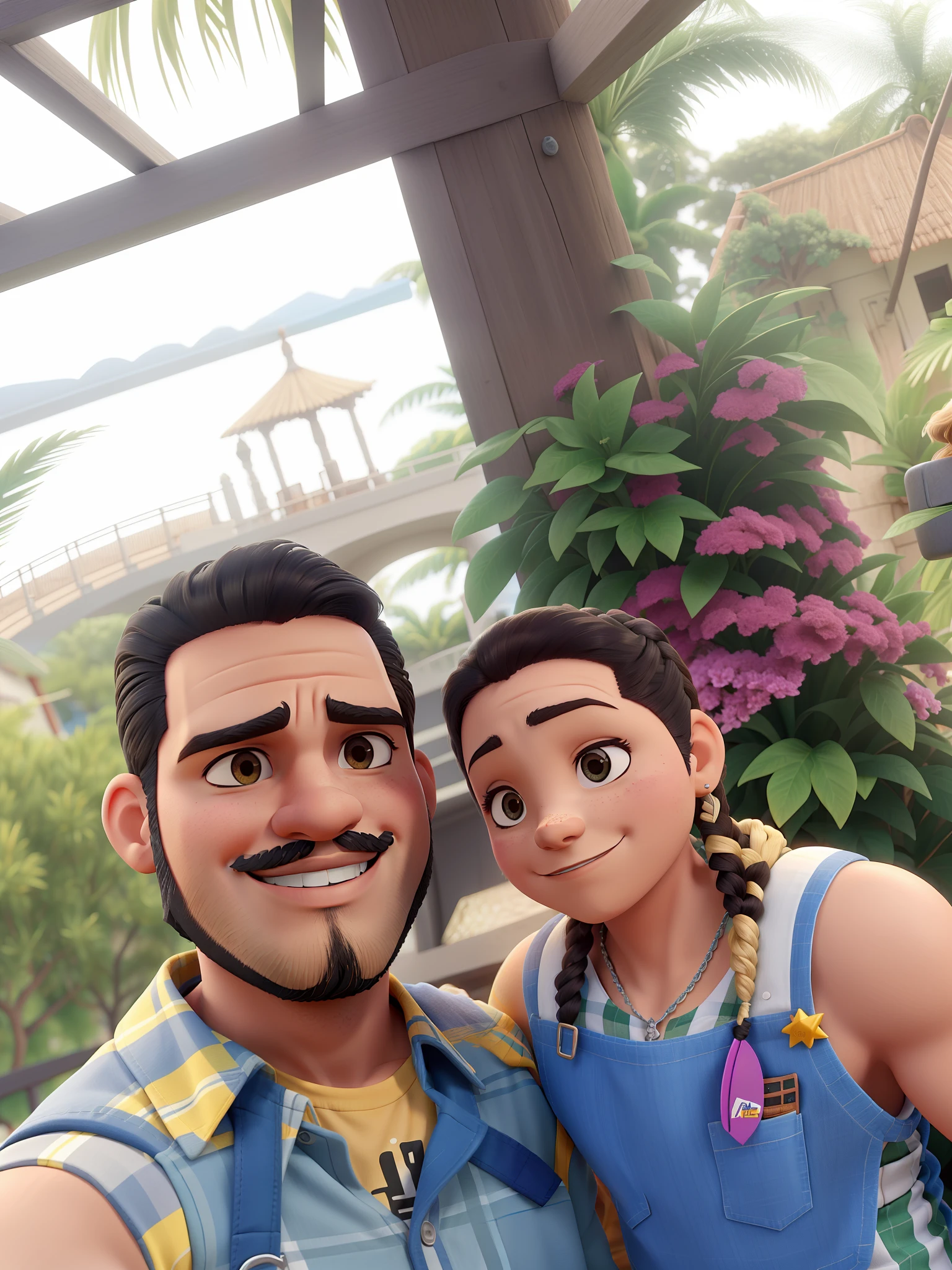um bonito casal latino americano apaixnonado por heavy metal, a mulher tem cabelos castanhos e o homem tem barba curta e usa camisa florida
