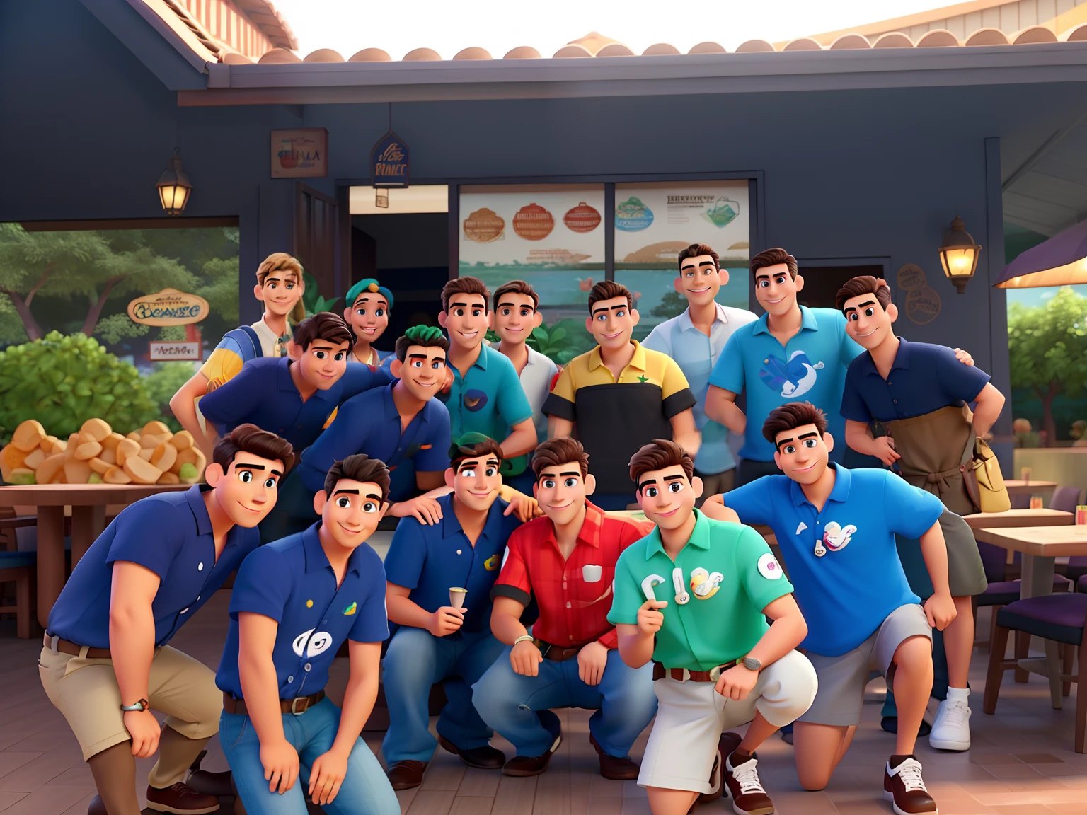 homens em frente a um restaurante estilo disney pixar, alta qualidade, melhor qualidade
