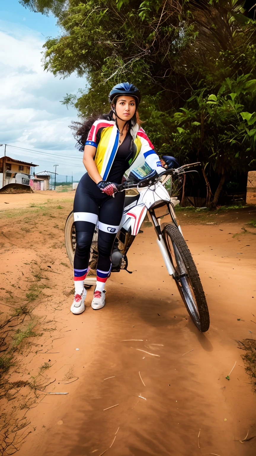 There's a woman standing next to a bike, Alma piedosa, ciclismo!!, imagem de uma motociclista feminina, Directed by: Mario Cooper, corpo feminino, Lorena Avarez, full-body view, Marischa Becker, tiro frontal completo, whole body view, Directed by: Ric Estrada, fernanda suarez, imagem de corpo inteiro, colombiano, album photo, frontal