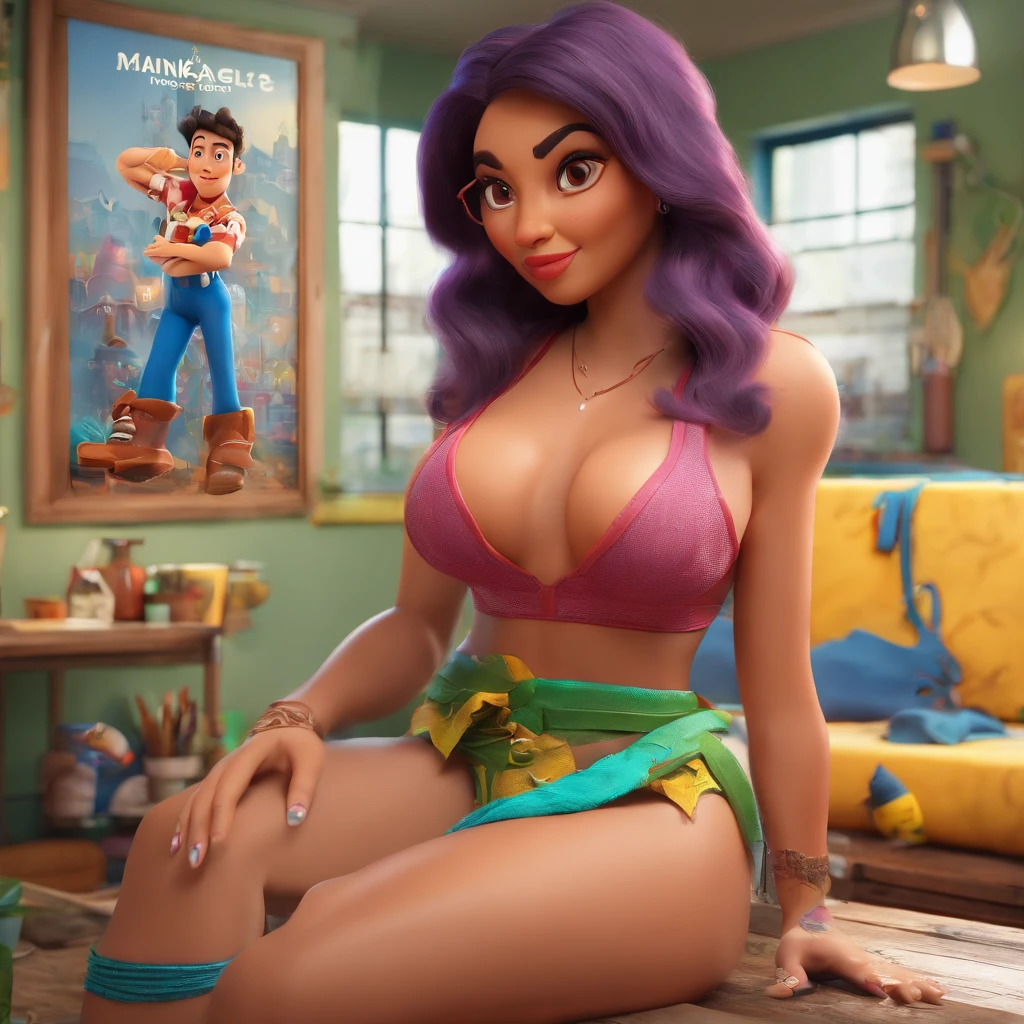 create a 3D movie poster inspired by Disney Pixar, The scene should be in Pixar's signature digital art style, com uma imagem caricatural que lembra a cantora brasileira "Anita" in the prone position, Wearing a bikini while a tattoo artist is sitting tattooing with a giant ring on one hand, inside a tattoo parlor.