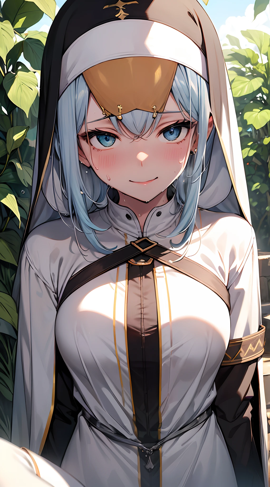 top-quality、supreme1People Girls,hightquality,, ((masuter piece)), ((High resolution)), ((Best Quality)), detail, (NSFW:1.4 ,cum faced、Excited face.Very happy,), ((Skin shiny with sweat:1.4)), (Black Nun Clothes:1.2)、 girl with, lightblue hair, (straight、Trimmed bangs)、Lying in the shade of a tree:1.5、fair white skin:1.3、、Smaller chest, cinmatic lighting, perfectly shaded,(((oasis))), Realistic lighting with shades,