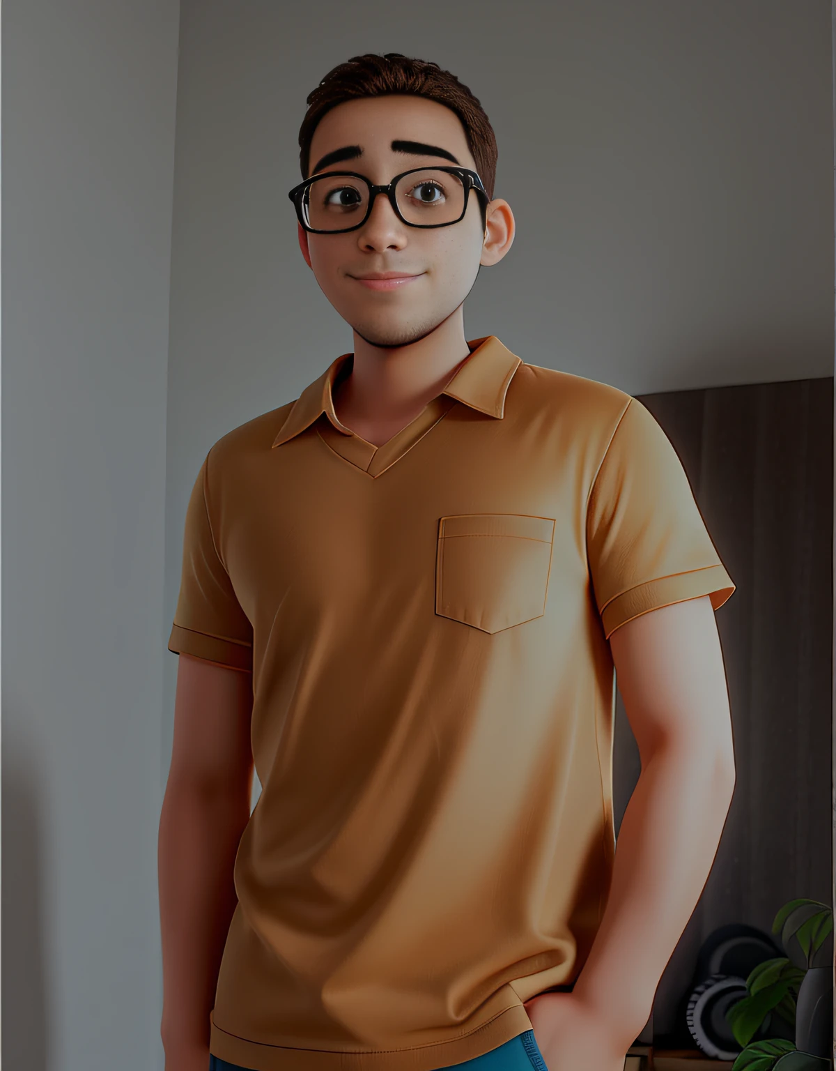 Um jovem estudiodo parado na frente, iluminado pela luz natural de uma janela, contra o plano de fundo de uma parede branca