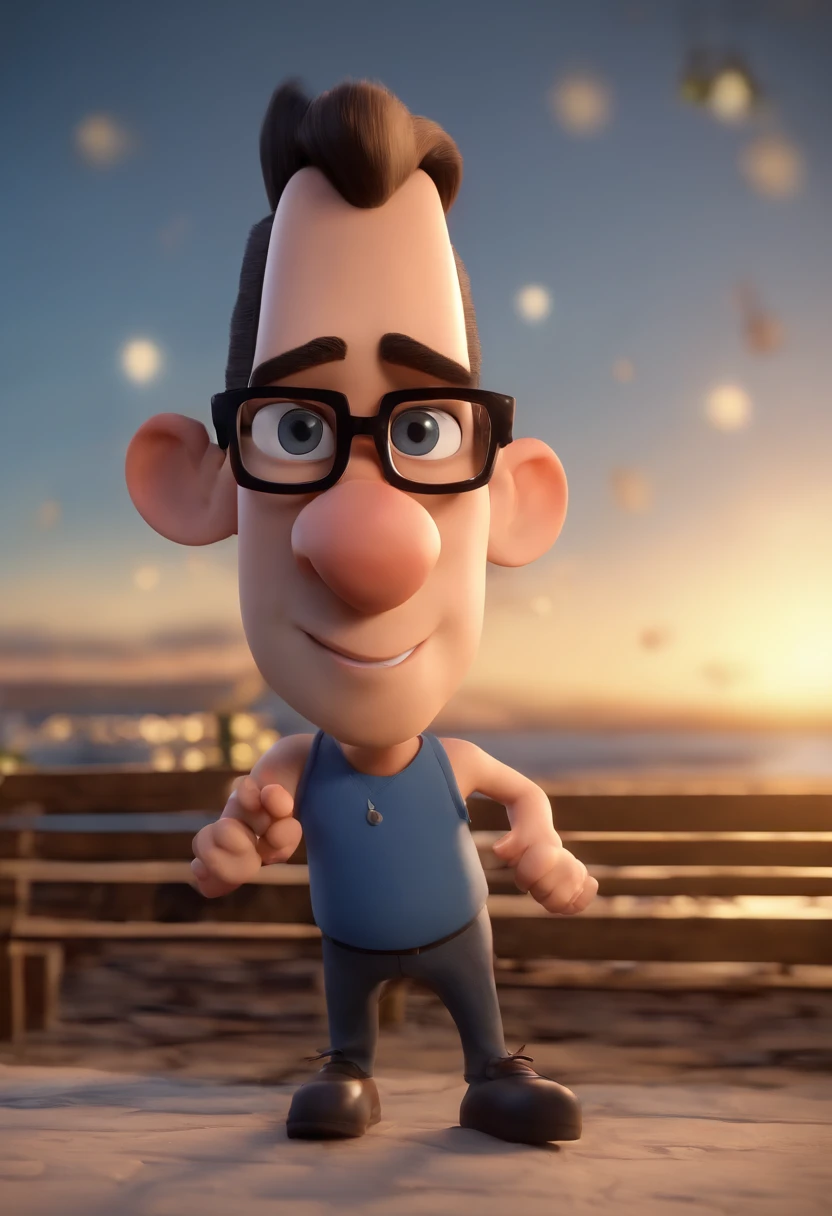 Cartoon character of a man wearing black glasses and a blue shirt, um personagem animado, Caractere estilizado, animation style rendering, 3D estilizado, Arnold Maya render, 3 d render stylized, toon render keyshot, Personagem 3D, Personagem 3D, 3d rendering stylized, 3 d character render, personagem de desenho animado, Personagem de close up, Pose de personagem, (Estilo Pixar) (master part:1.2) (Bokeh) (best quality) (pele detalhada) (textura detalhada) (8k) (argila) (Cinematic lighting) (foco nítido，Senta e vaza a parte superior do corpo