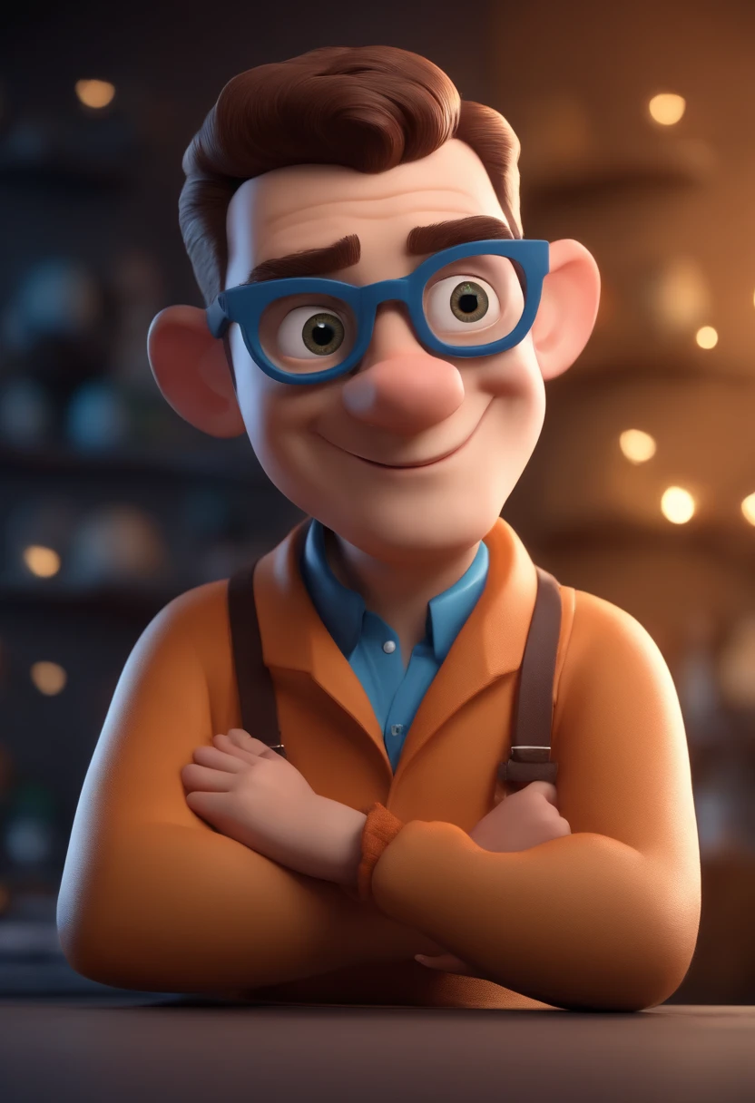 Cartoon character of a man with blue glasses, olhos verdes e uma camisa preta, animation character, Caractere estilizado, animation style rendering, 3D estilizado, Arnold Maya render, 3 d render stylized, toon render keyshot, Personagem 3D, Personagem 3D, 3d rendering stylized, 3 d character render, personagem de desenho animado, Personagem de close up, Pose de personagem, (Estilo Pixar) (master part:1.2) (Bokeh) (best quality) (pele detalhada) (textura detalhada) (8k) (argila) (Cinematic lighting) (foco nítido